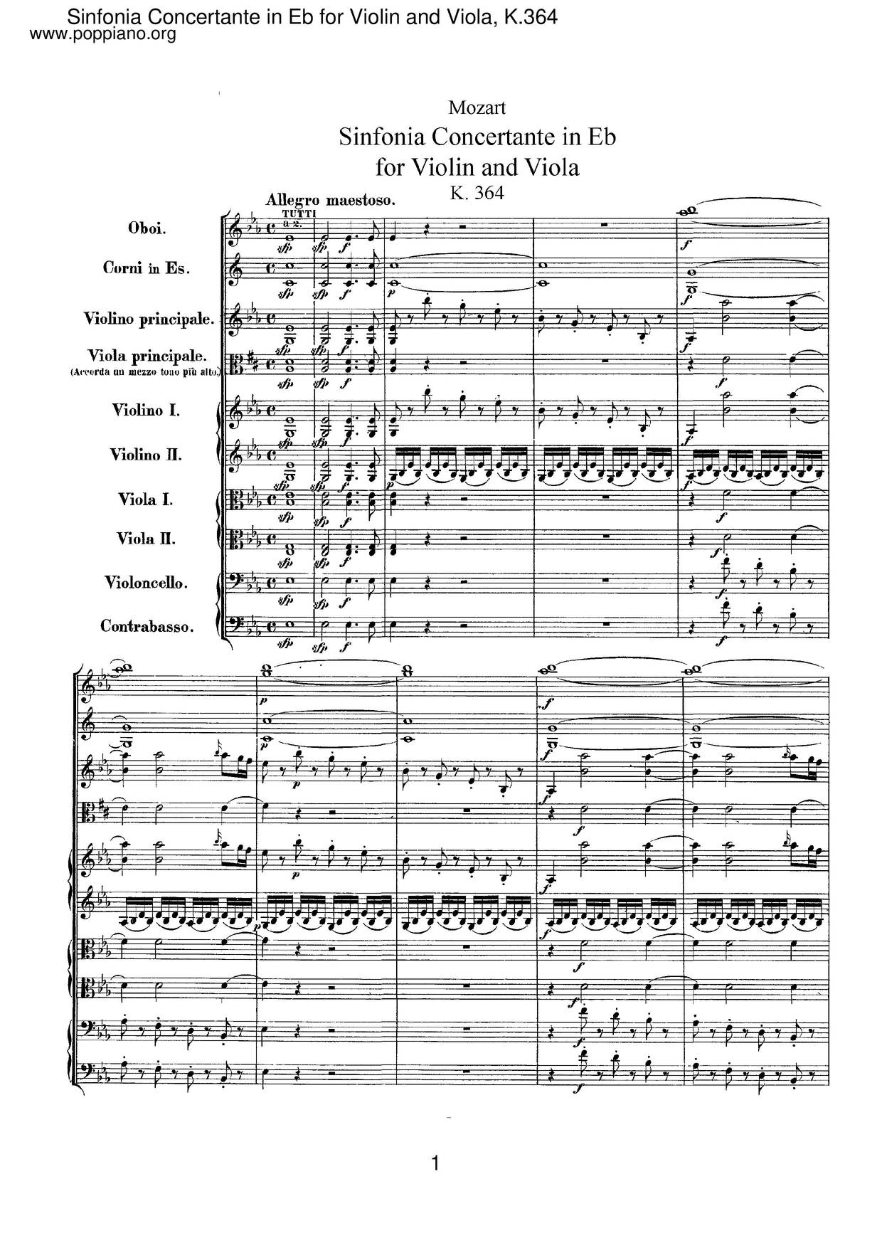Sinfonia Concertante In E-Flat Major, K. 364/320D琴譜