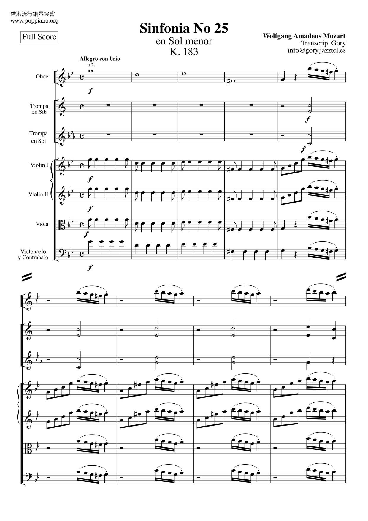 Symphony No. 25 in G minor, K.183: 1. Allegro con brio琴譜