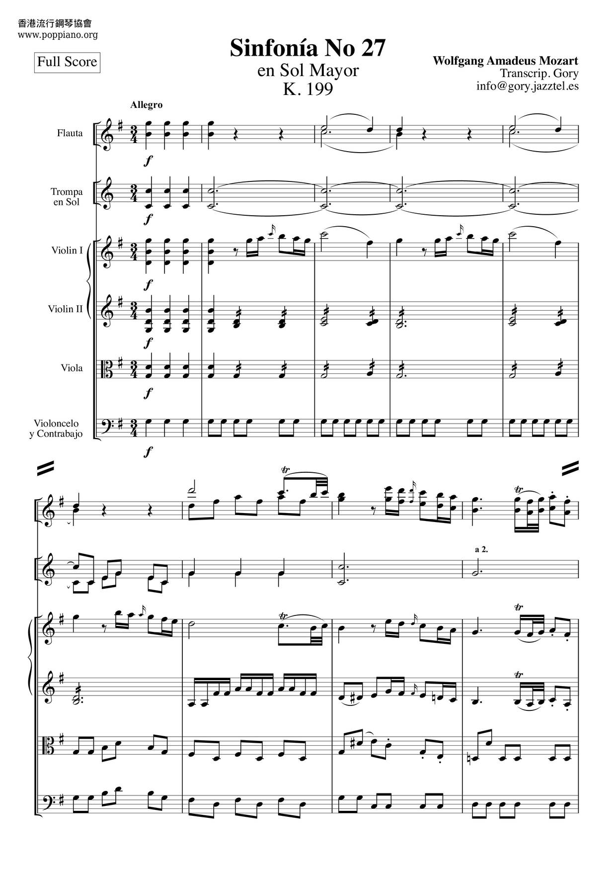 Symphony No. 27 In G Major, K. 199 161B琴谱