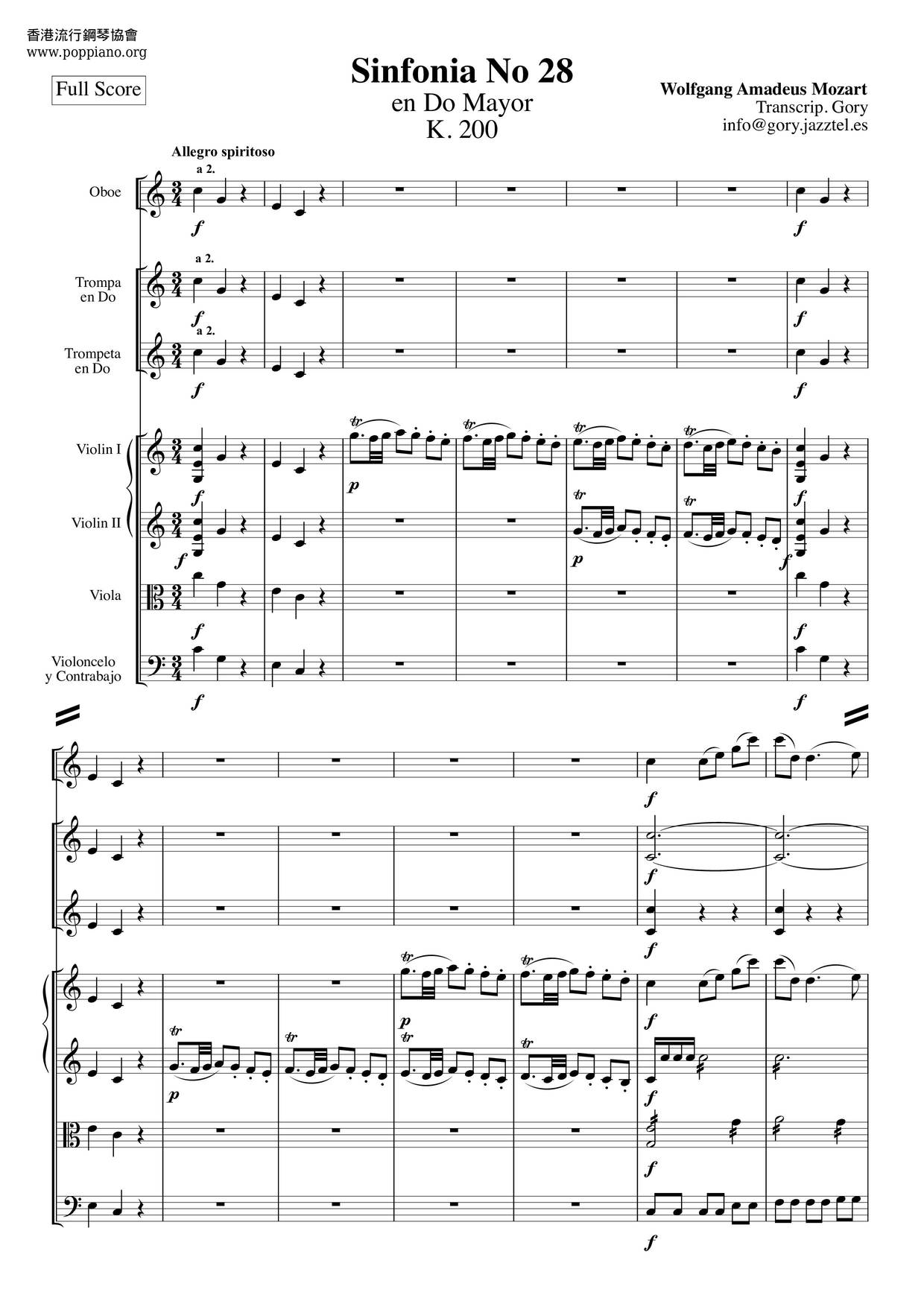 Symphony No. 28 In C Major, K. 200 189K琴谱
