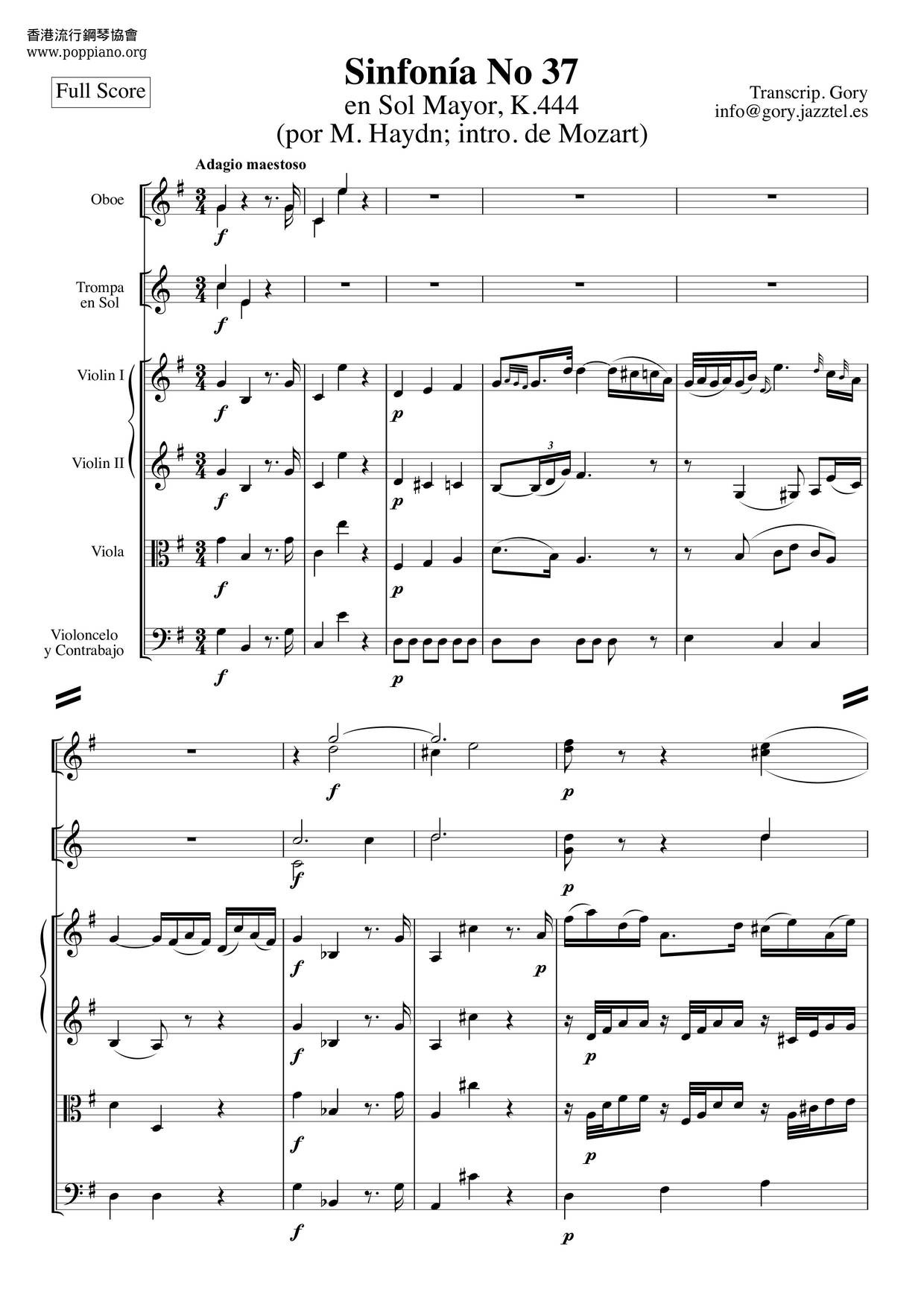 Symphony No. 37 In G Major, K. 444 425A琴譜