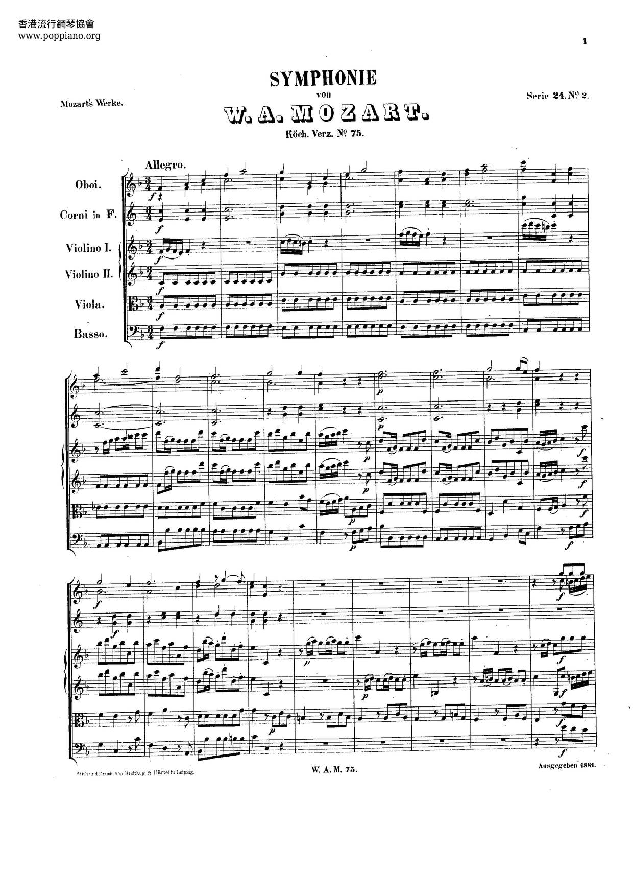 Symphony No. 42 In F Major, K. 75琴譜
