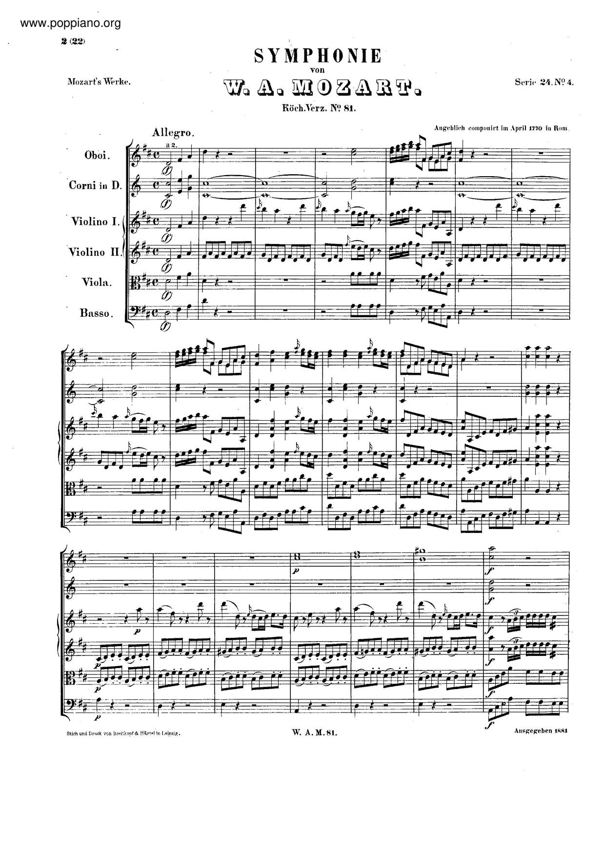 Symphony No. 44 In D Major, K. 81/73L琴譜