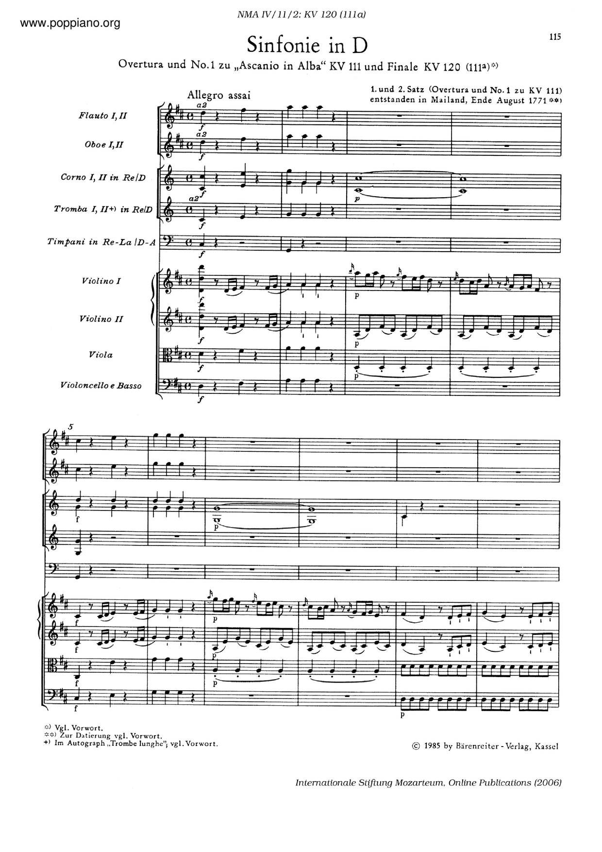 Symphony No. 48 In D Major, K. 120/111Aピアノ譜
