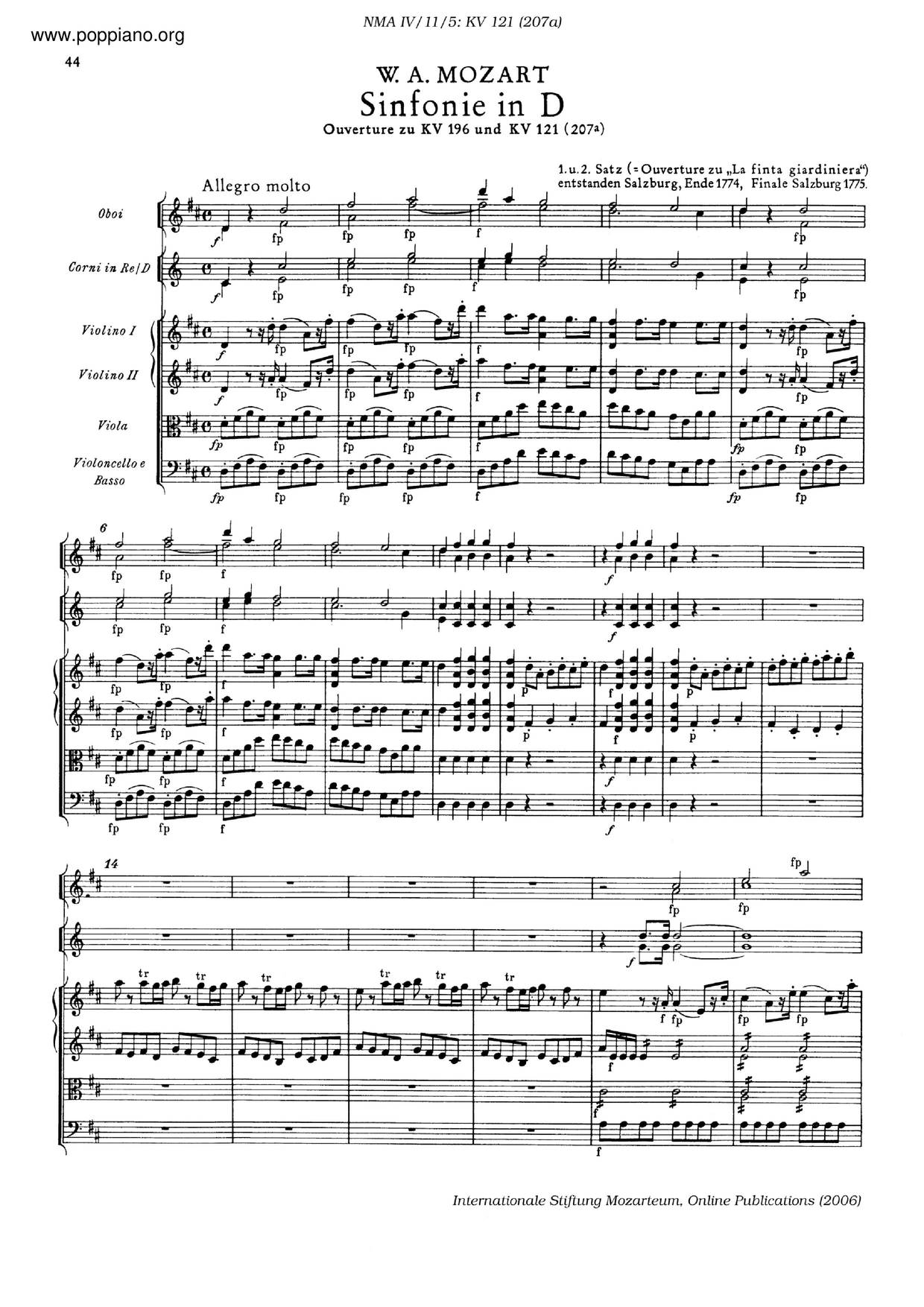 Symphony No. 51 In D Major, K. 121/207A Score