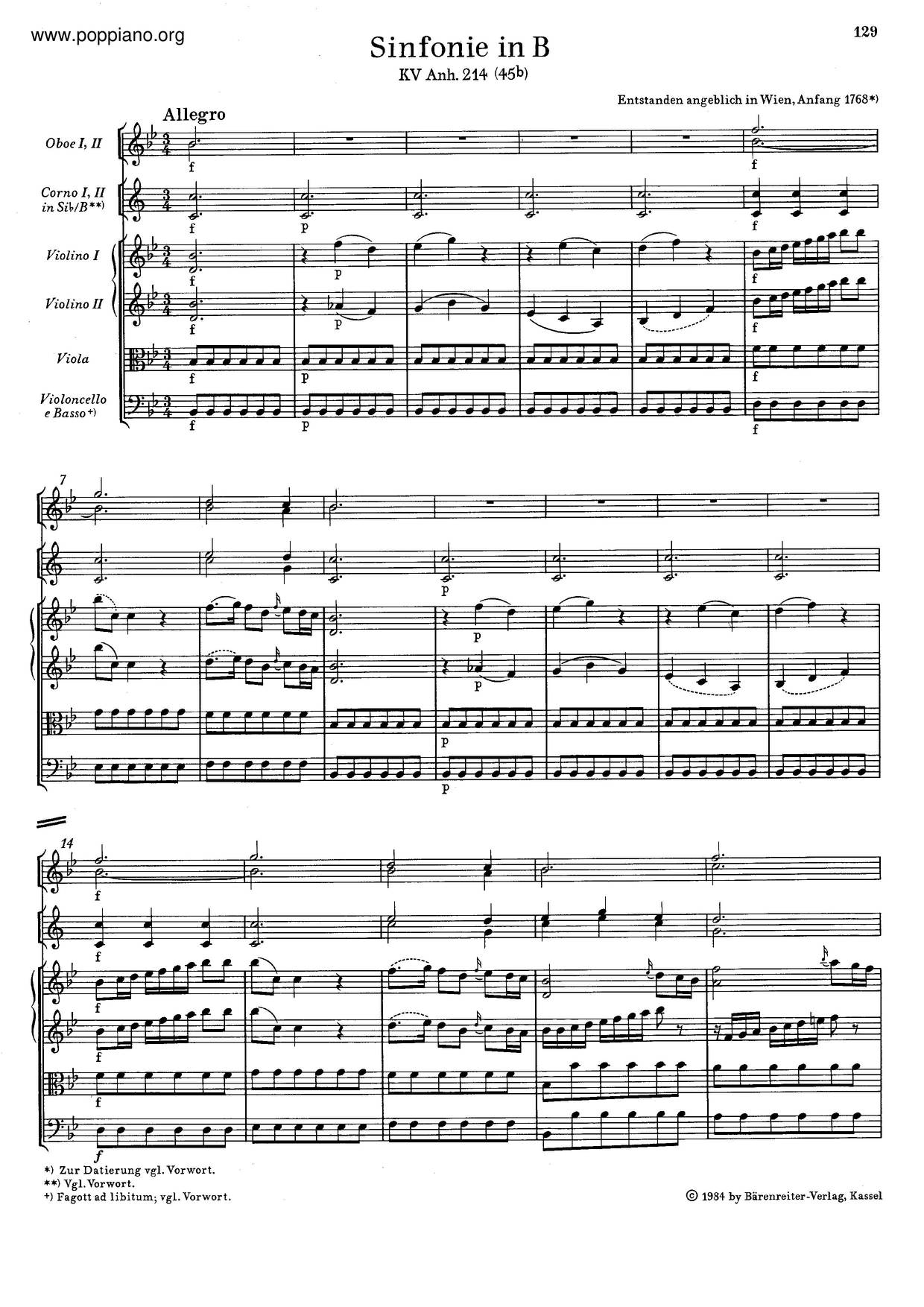 Symphony No. 55 In B-Flat Major, K. Anh. 214/45Bピアノ譜