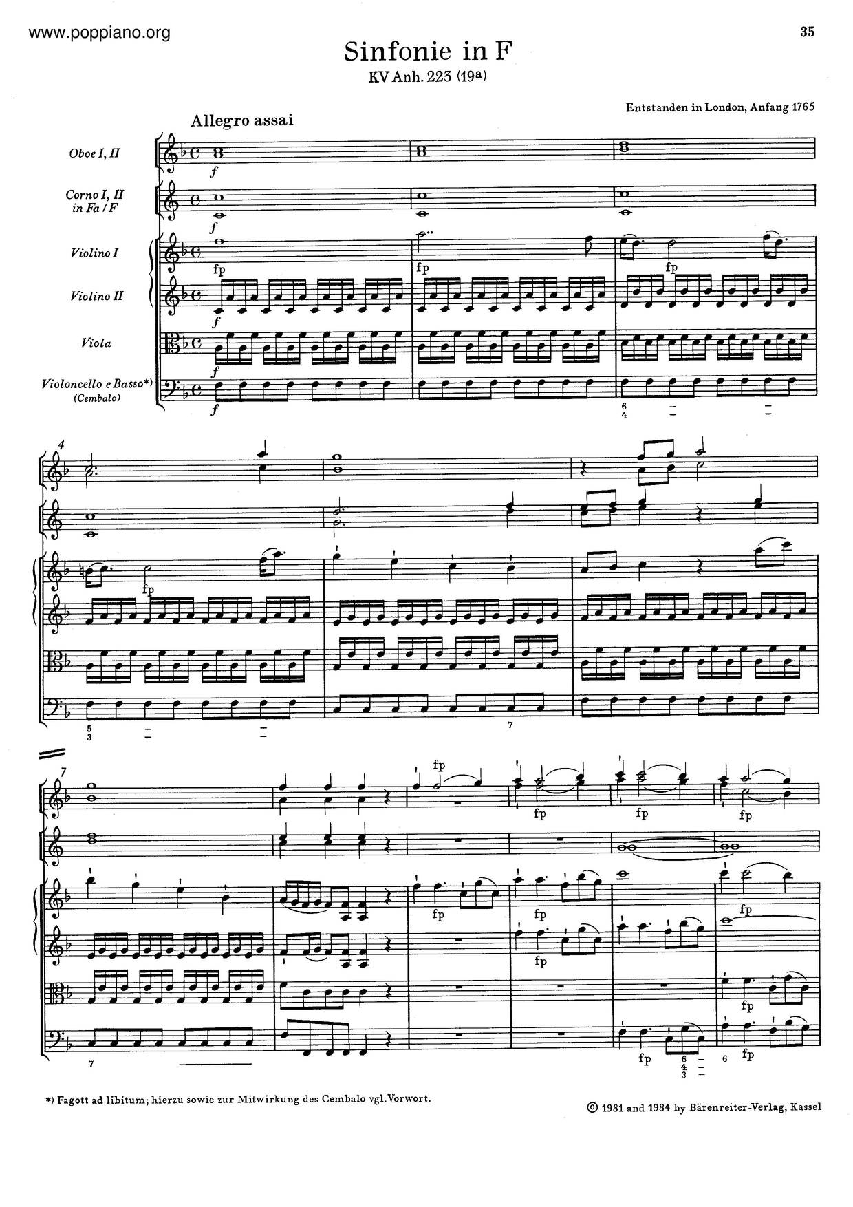 Symphony In F Major, K. Anh. 223/19A Score