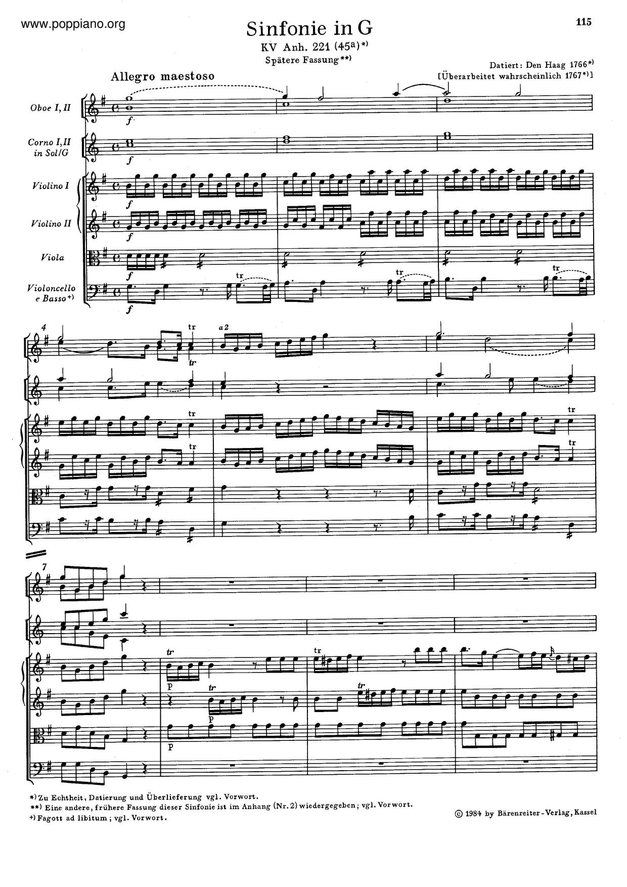 Symphony In G Major, K. Anh. 221/45A琴谱