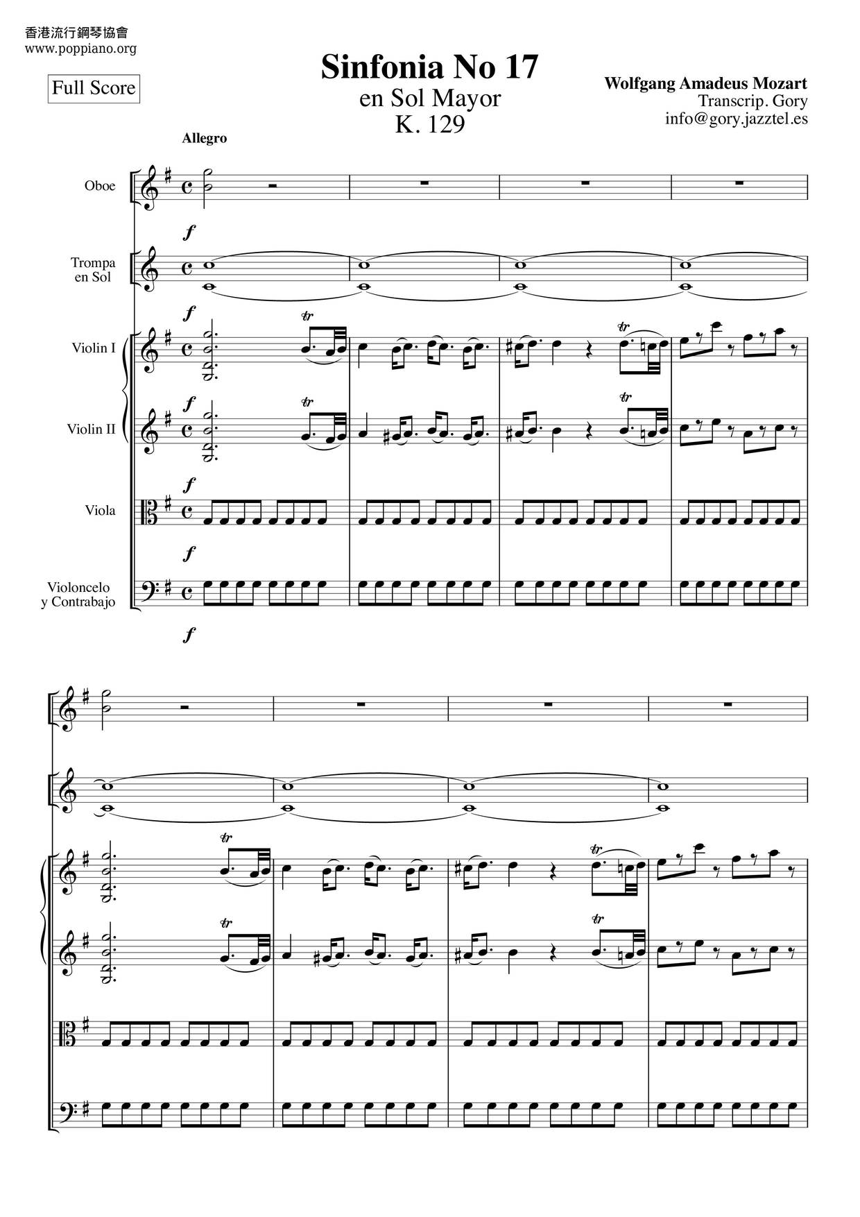 Symphony No. 17 In G Major, K. 129琴谱