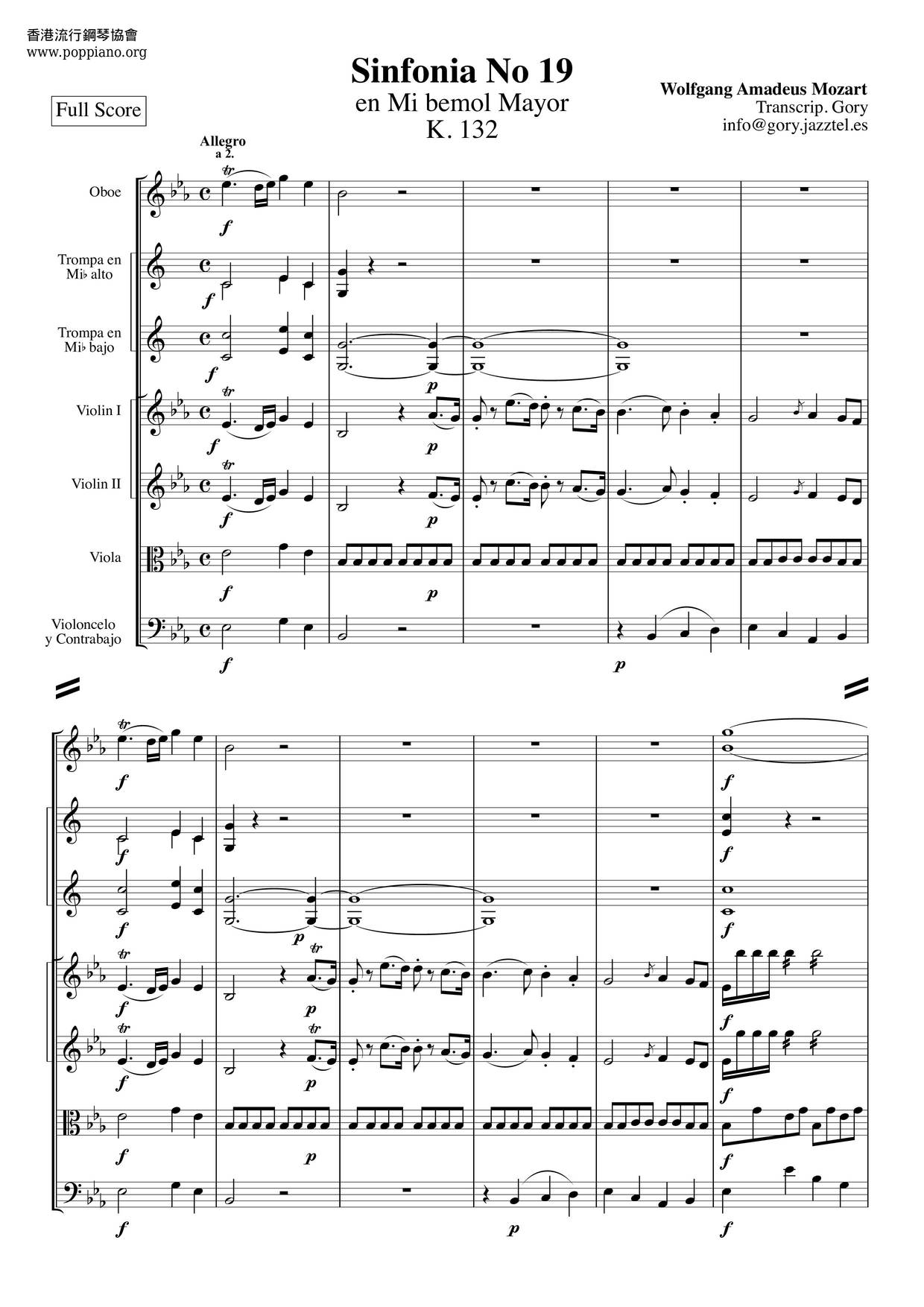 Symphony No. 19 In E-Flat Major, K. 132琴谱