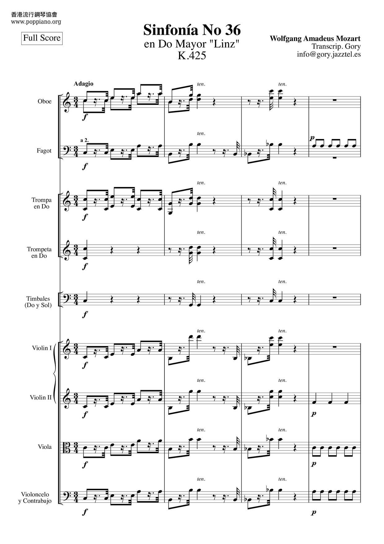 Symphony No. 36 In C Major 'Linz', K. 425琴谱