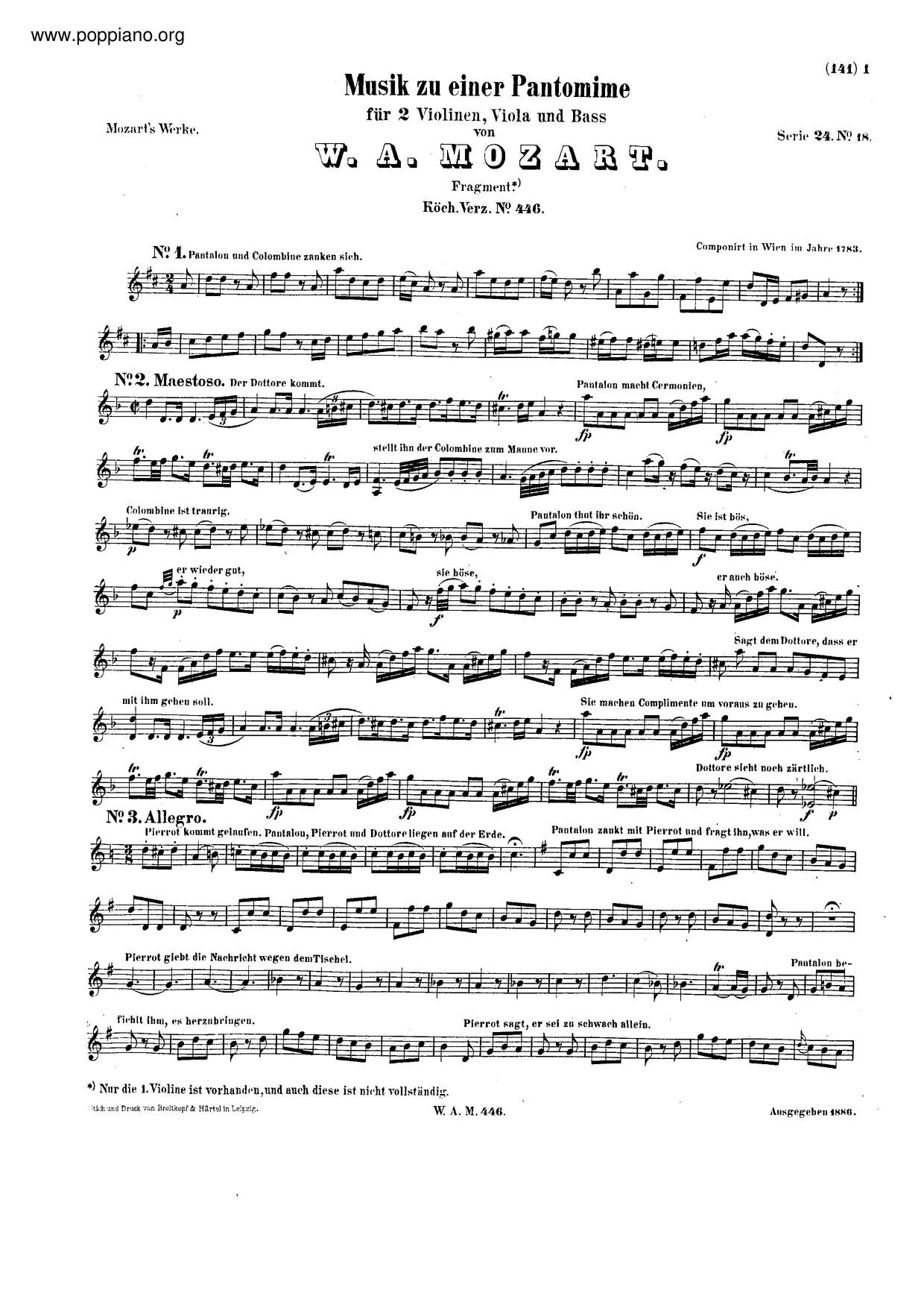 Musik Zu Einer Pantomime, K. 446/416D琴谱