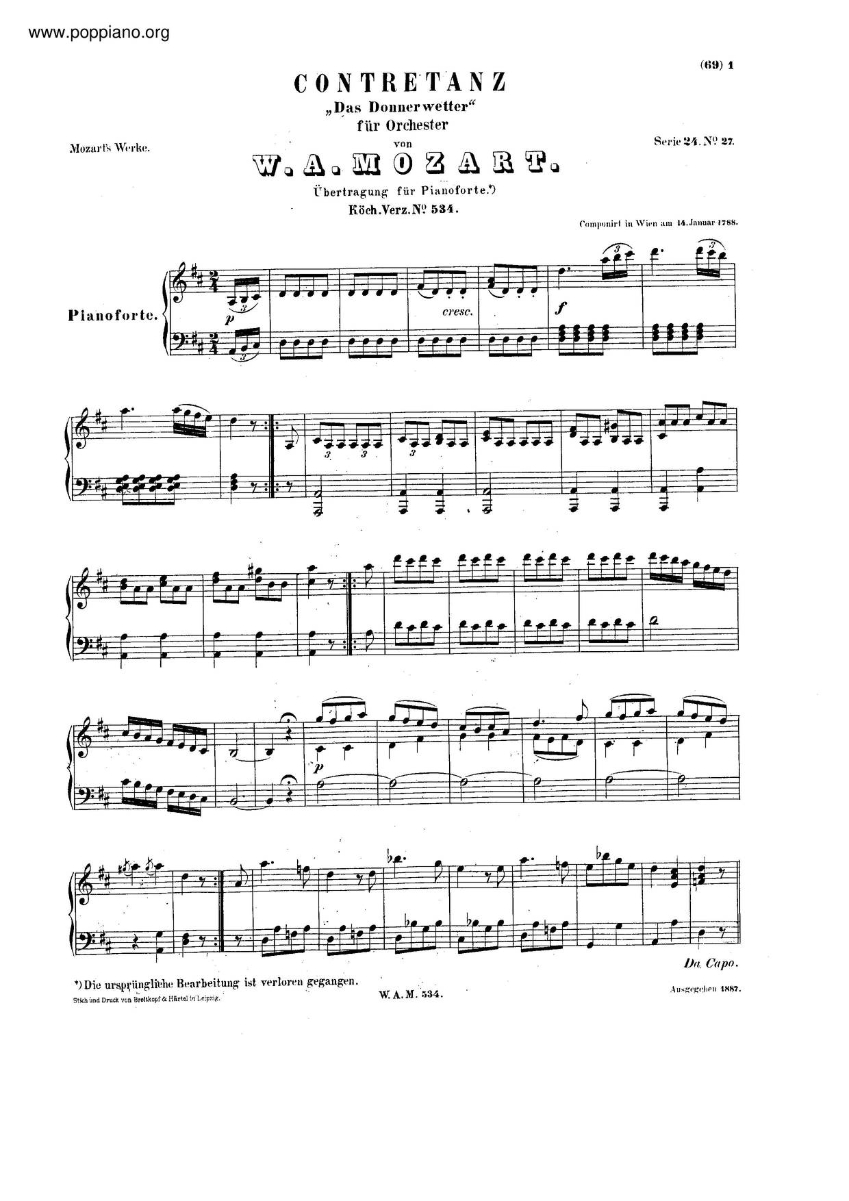 Country Dance In D Major, K. 534 Score