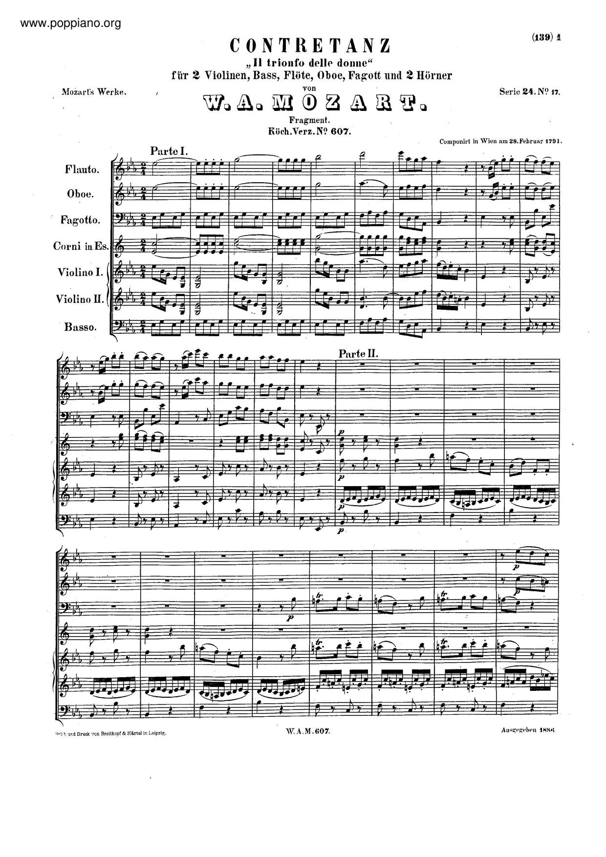 Country Dance In E-Flat Major, K. 607/605A Score