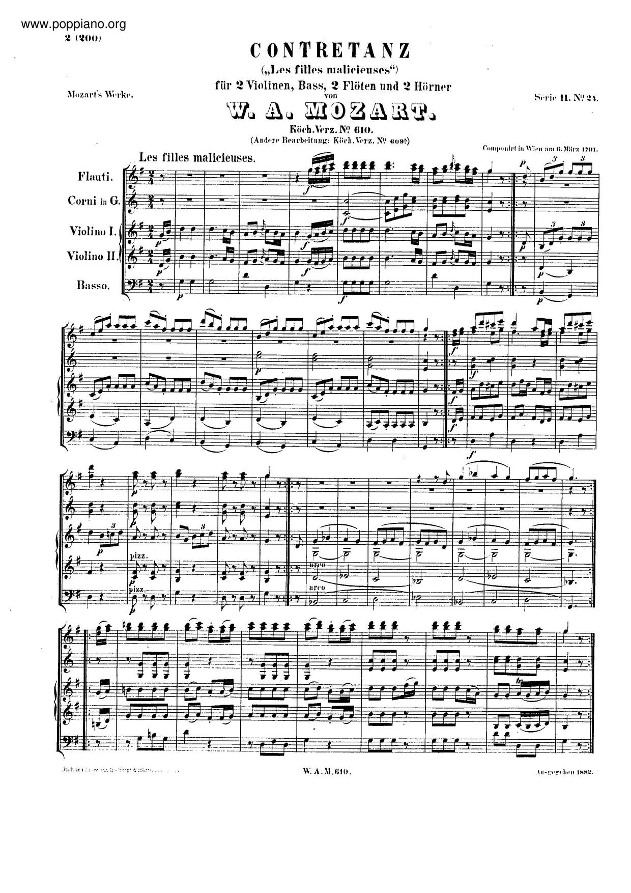 Country Dance In G Major, K. 610 Score