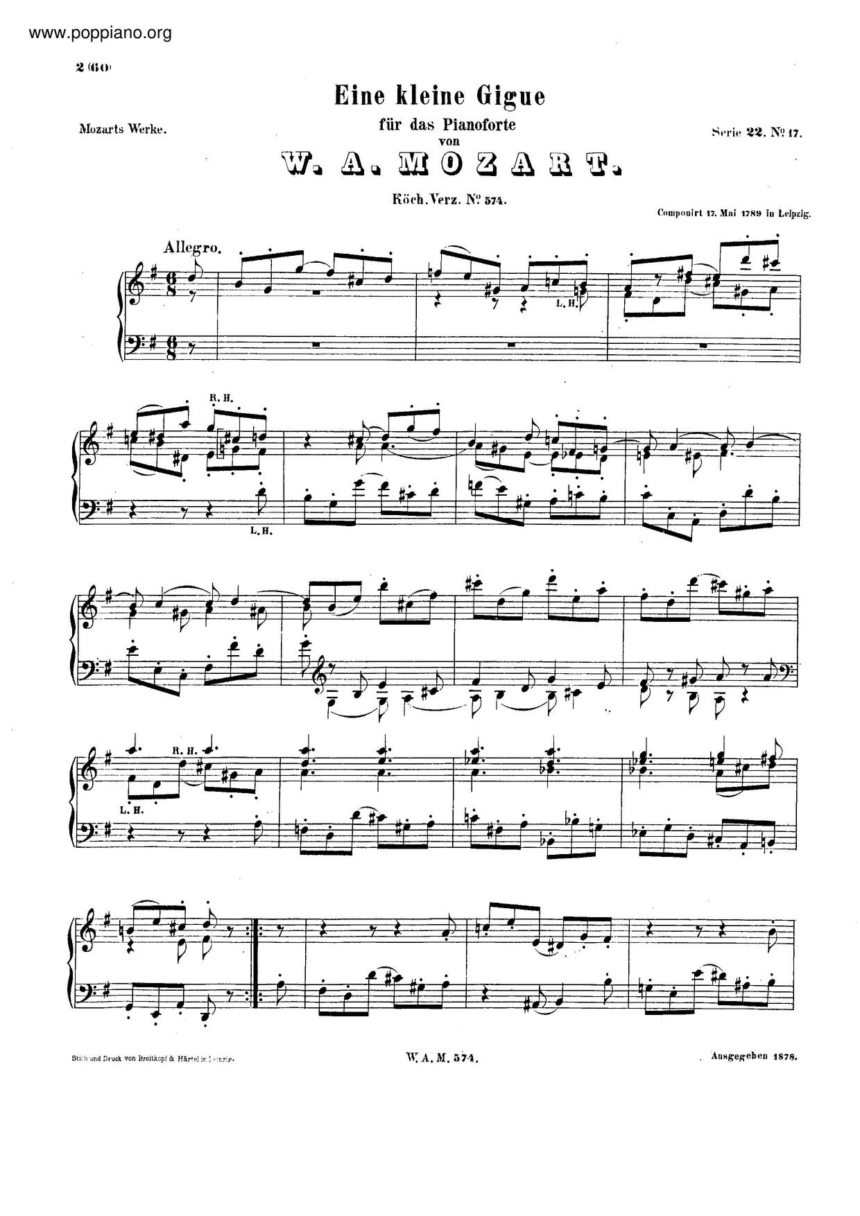 Gigue In G Major, K. 574琴谱