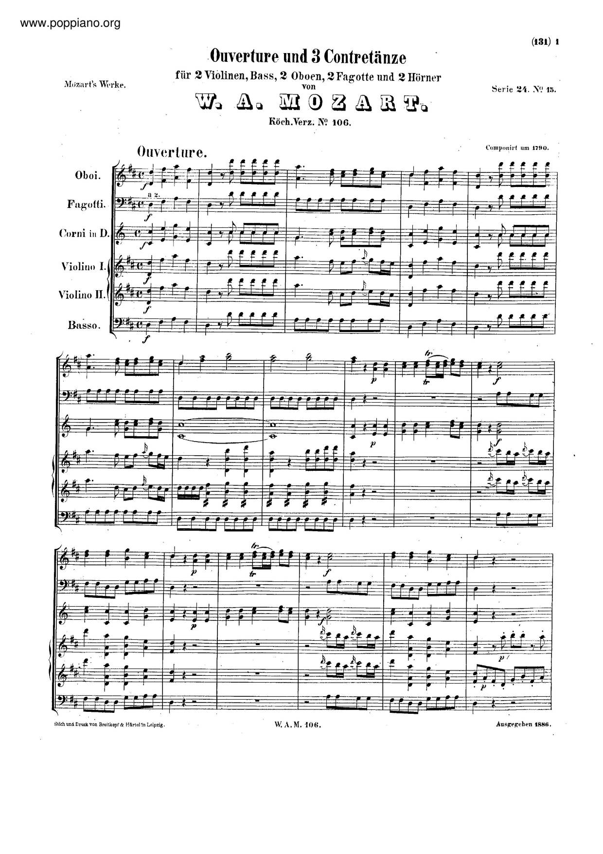 Overture And 3 Country Dances, K. 106/588A Score