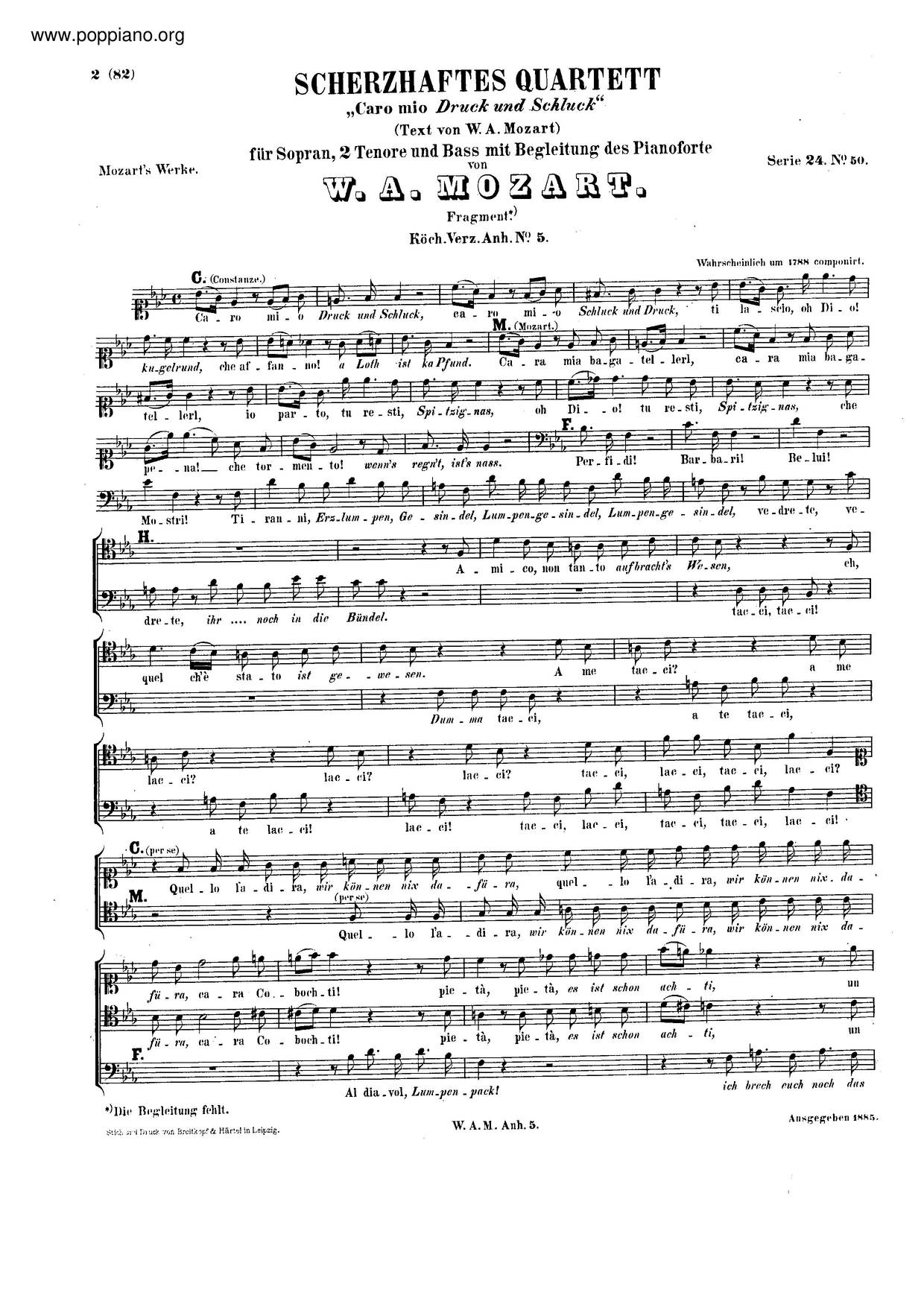 Caro Mio Druck Und Schluck, K. Anh. 5/571Aピアノ譜