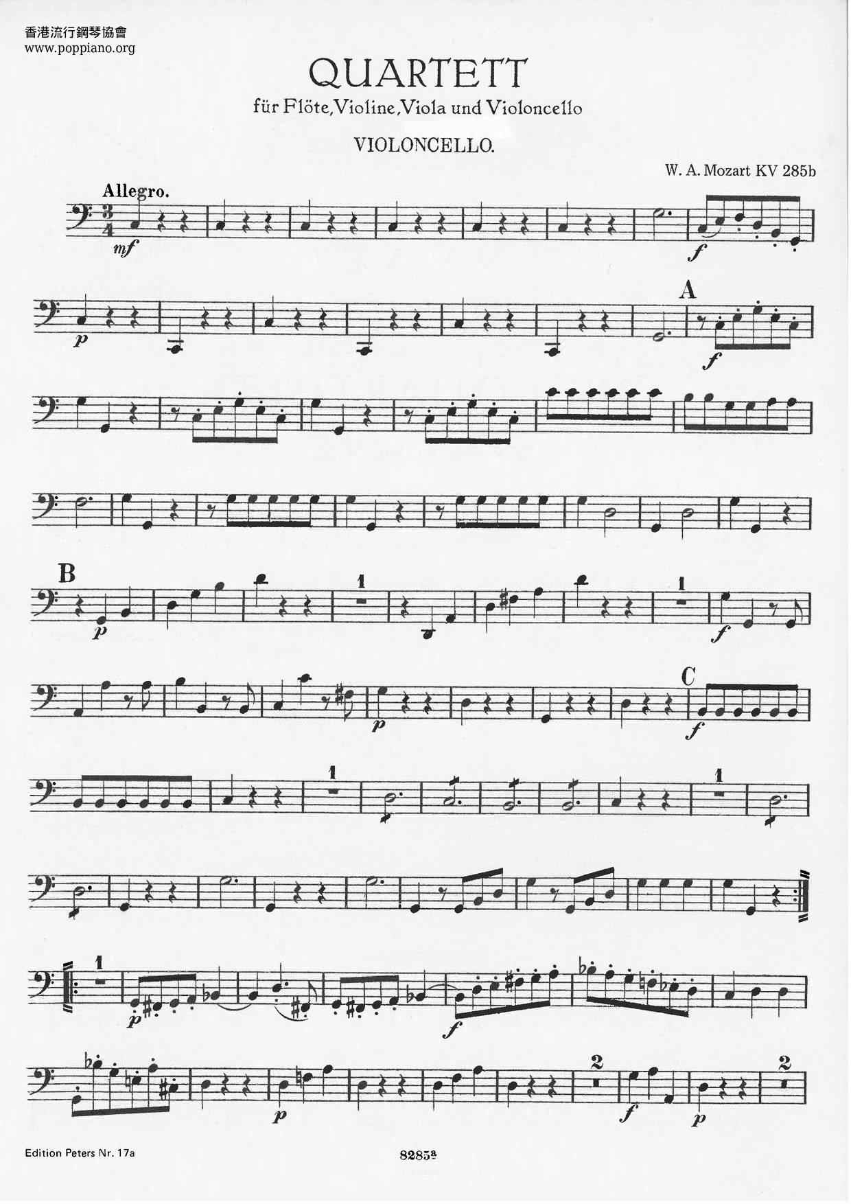 Flute Quartet In A Major, K. 298琴譜