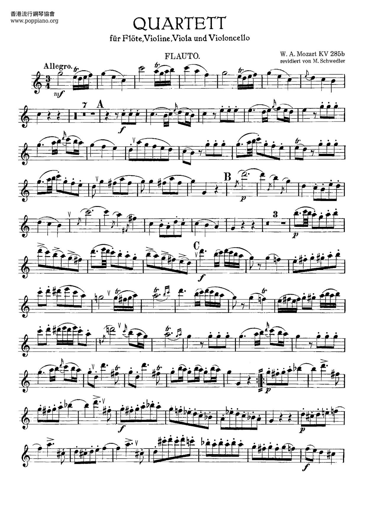 Flute Quartet In C Major, K. Anh. 171/285B Score