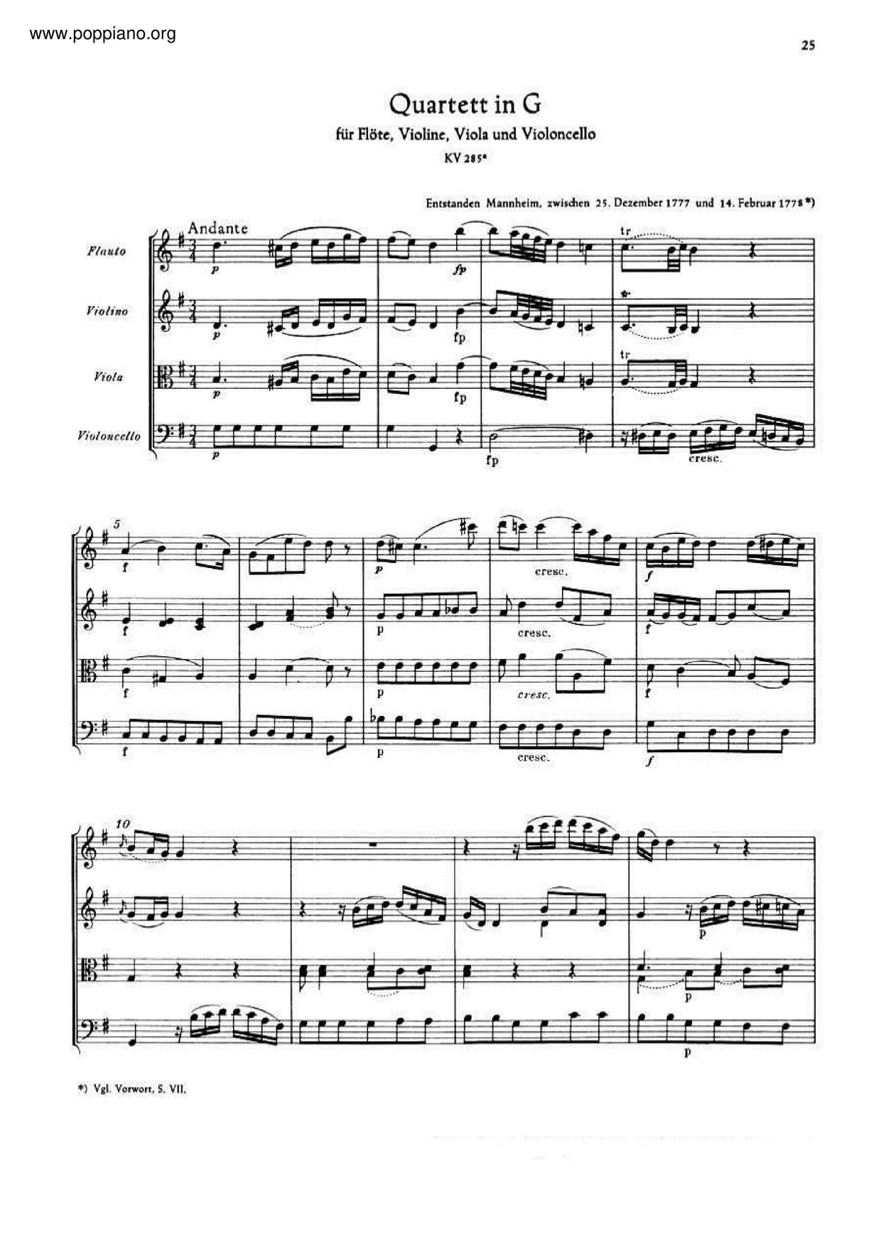 Flute Quartet In G Major, K. 285A琴譜