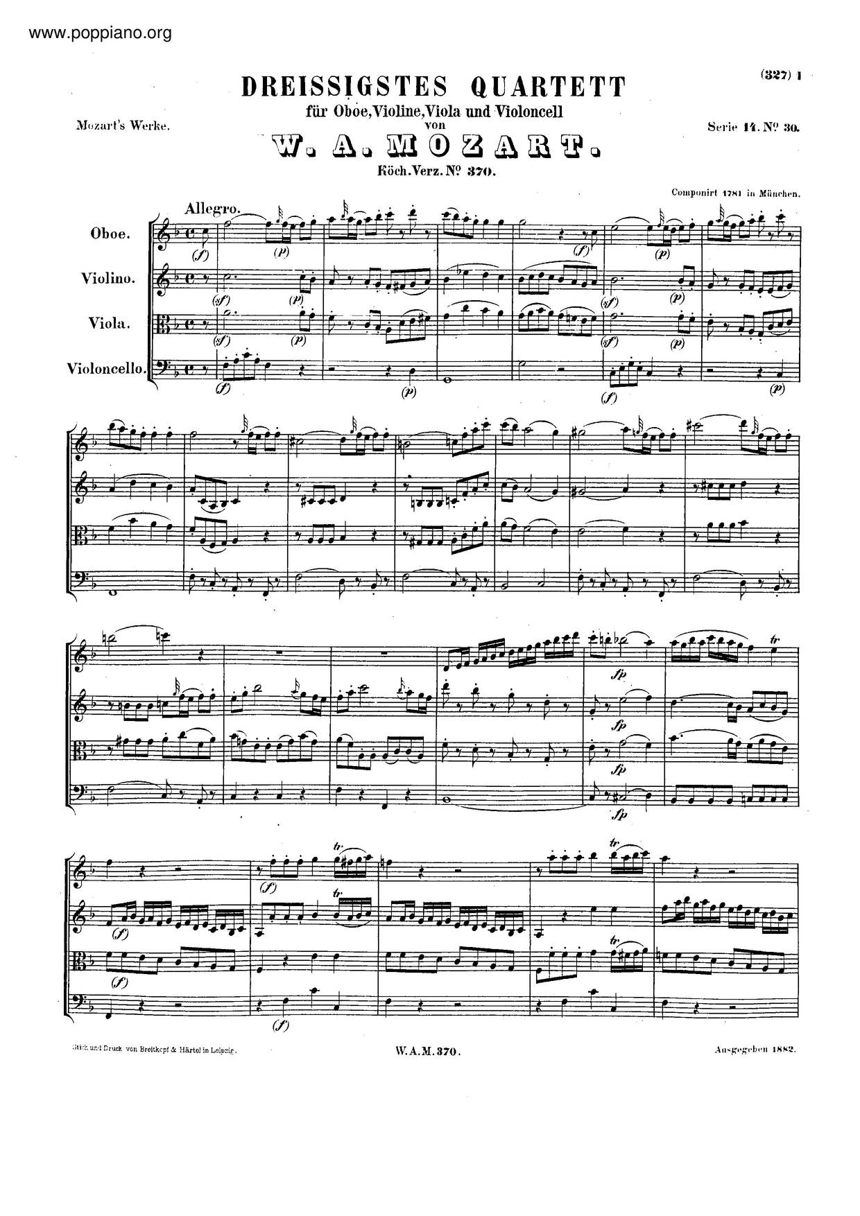 Oboe Quartet In F Major, K. 370ピアノ譜