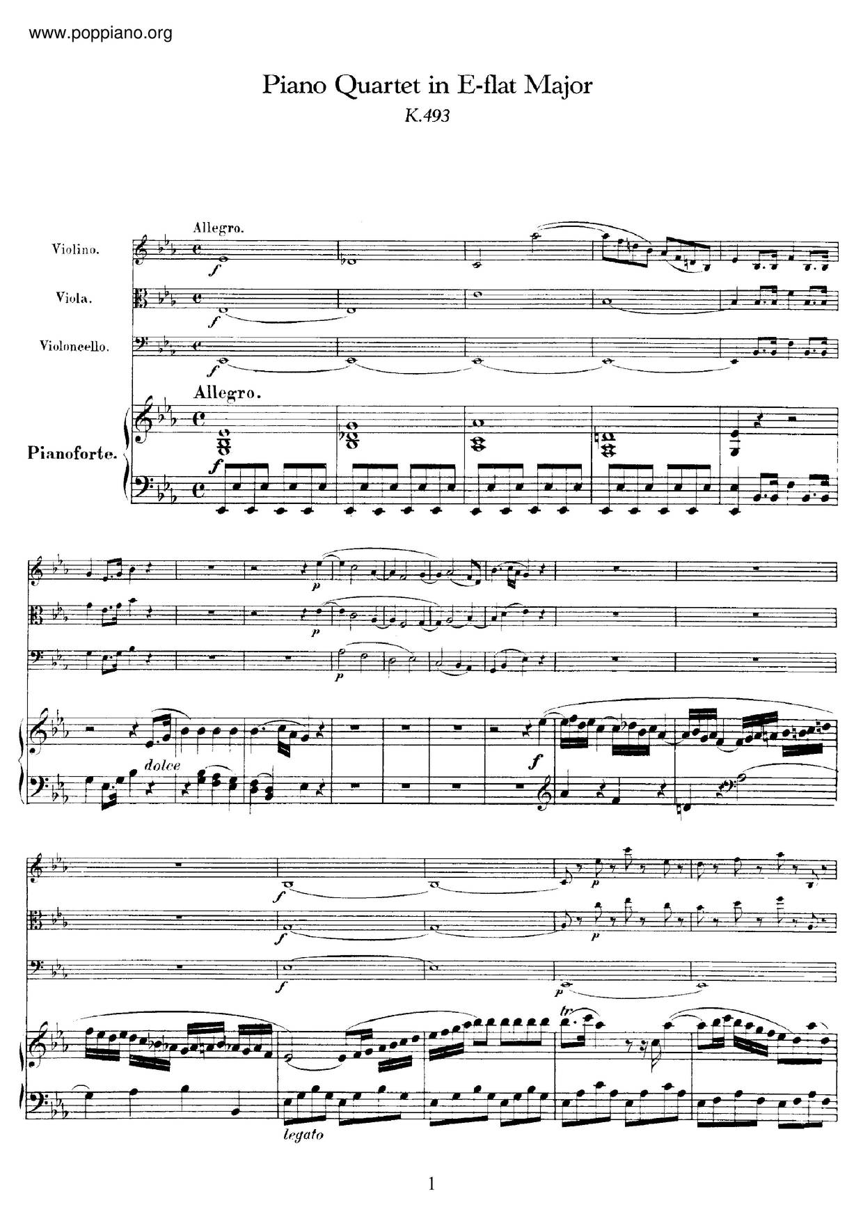 Piano Quartet In E-Flat Major, K. 493ピアノ譜