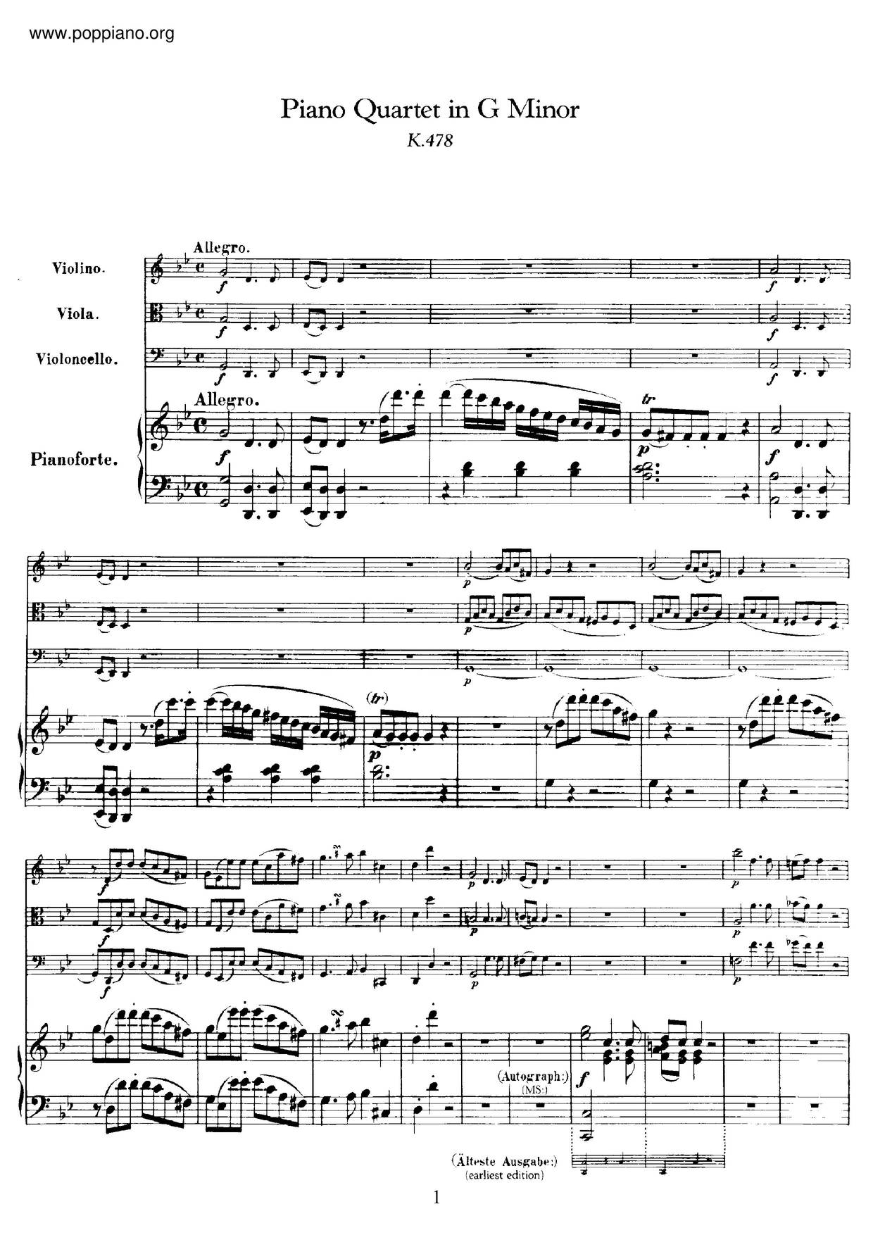 Piano Quartet In G Minor, K. 478琴谱