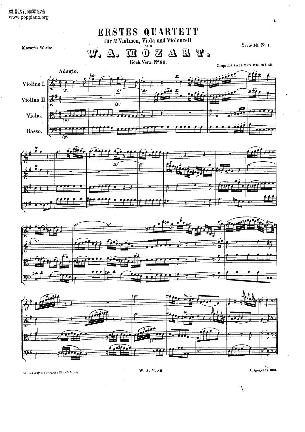 String Quartet No. 1 In G Major, K. 80/73Fピアノ譜