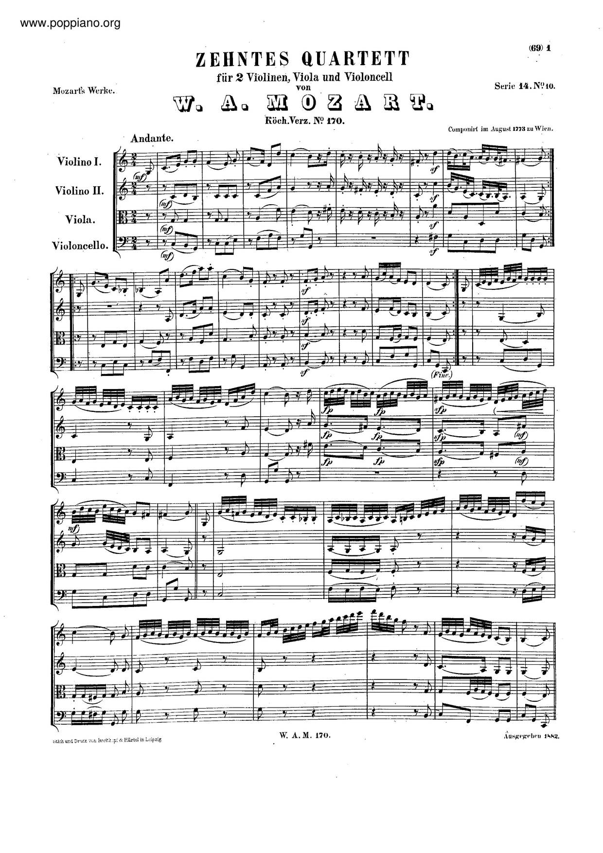 String Quartet No. 10 In C Major, K. 170琴谱