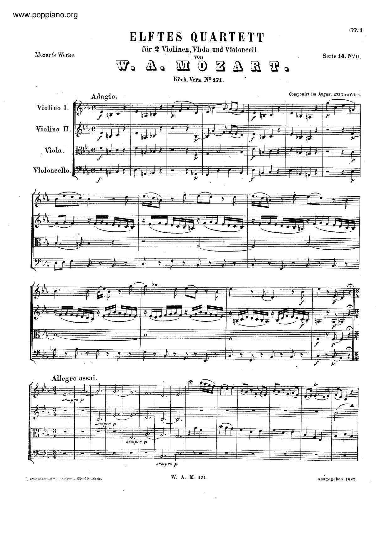String Quartet No. 11 In E-Flat Major, K. 171琴譜
