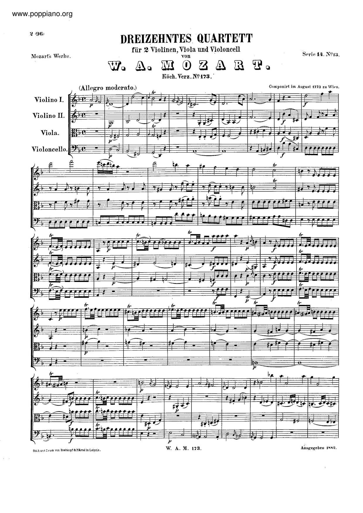String Quartet No. 13 In D Minor, K. 173琴谱