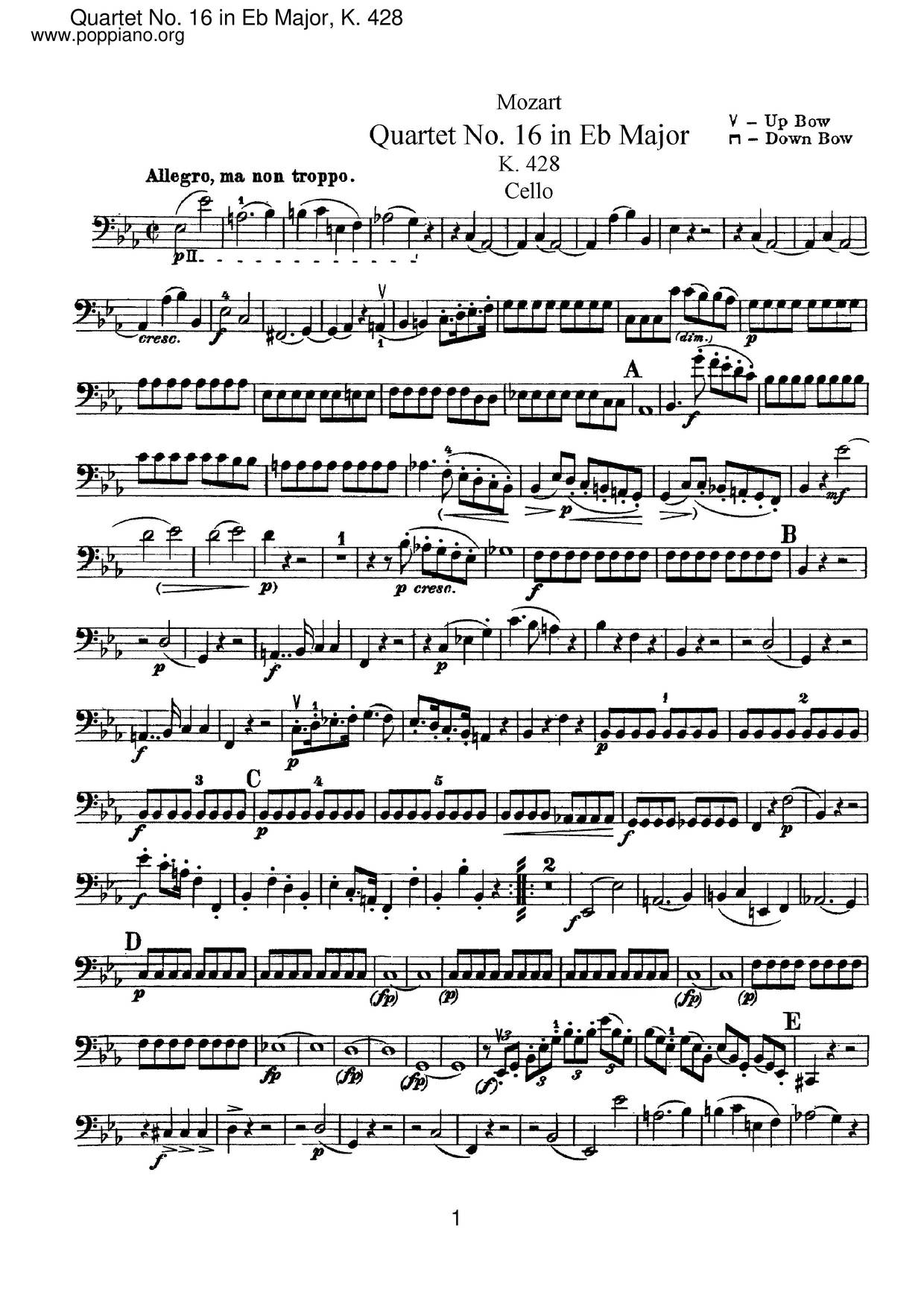 String Quartet No. 16 In E-Flat Major, K. 428/421B琴譜