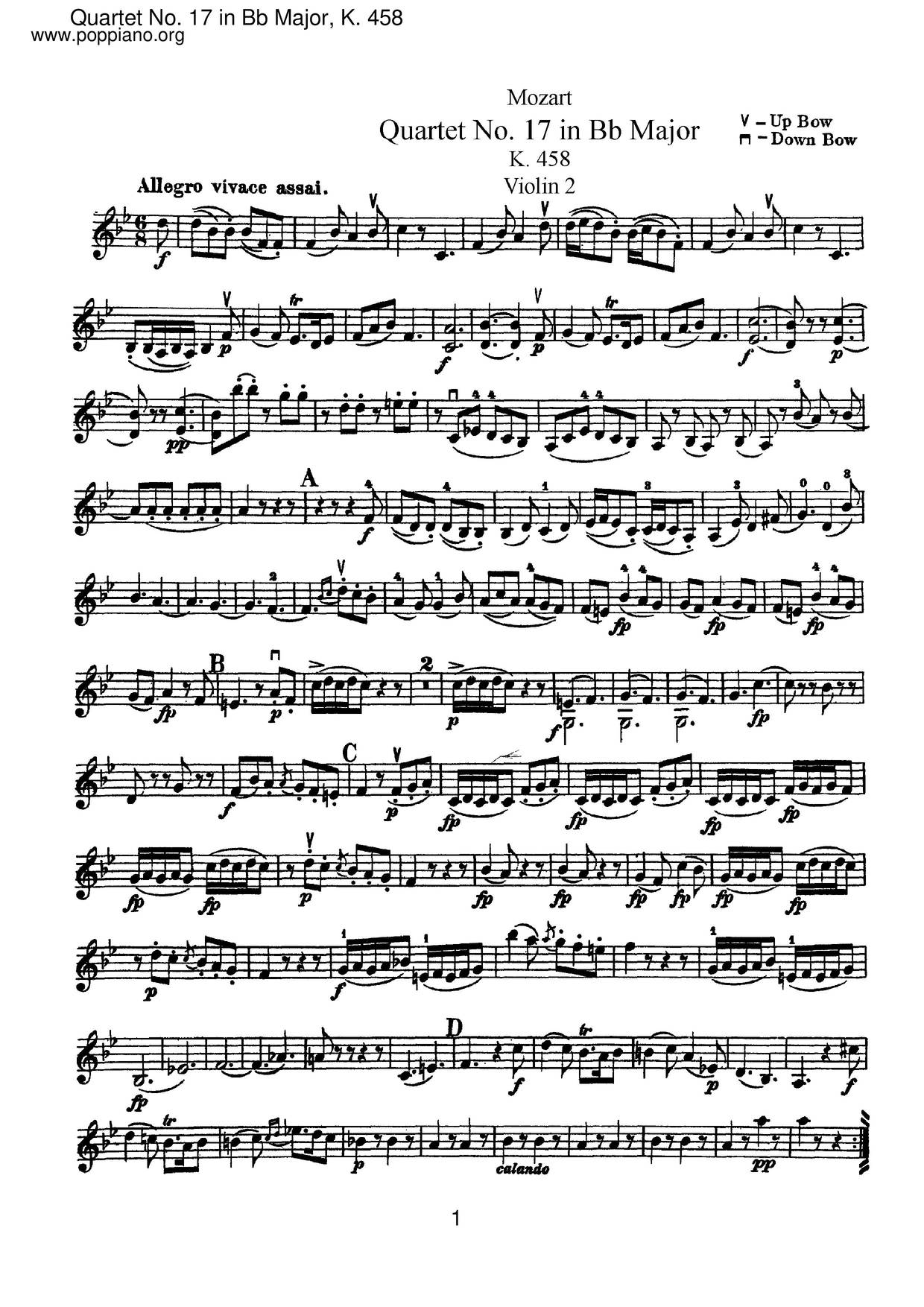 String Quartet No. 17 In B-Flat Major, K. 458 Score