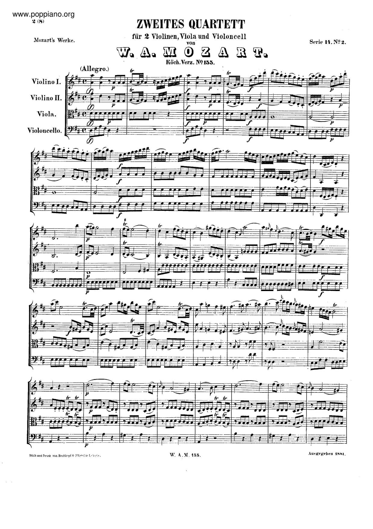 String Quartet No. 2 In D Major, K. 155/134Aピアノ譜