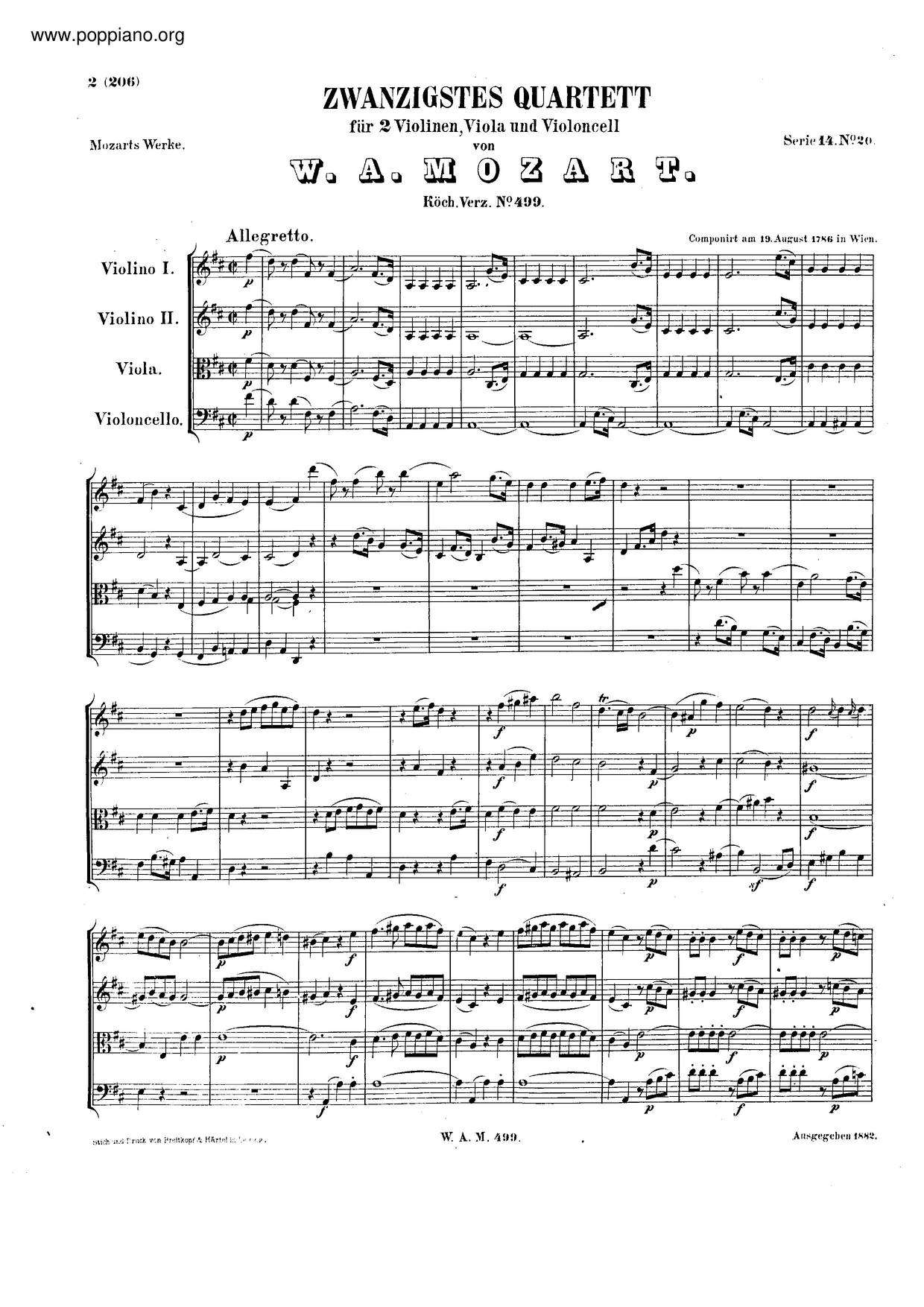 String Quartet No. 20 In D Major, K. 499ピアノ譜