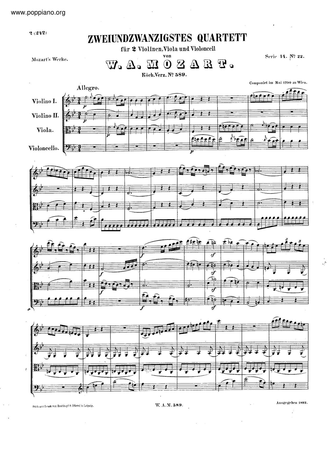 String Quartet No. 22 In B-Flat Major, K. 589ピアノ譜