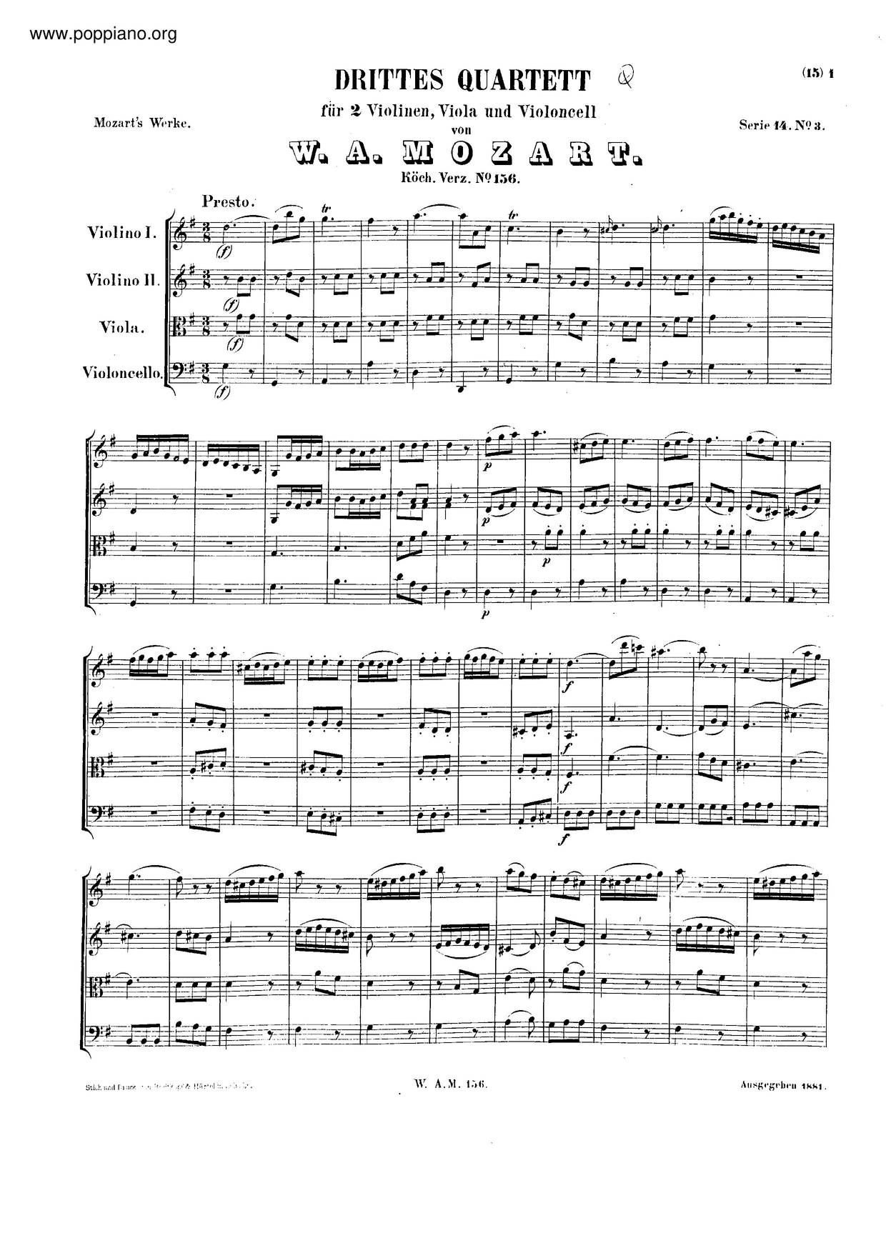 String Quartet No. 3 In G Major, K. 156/134Bピアノ譜