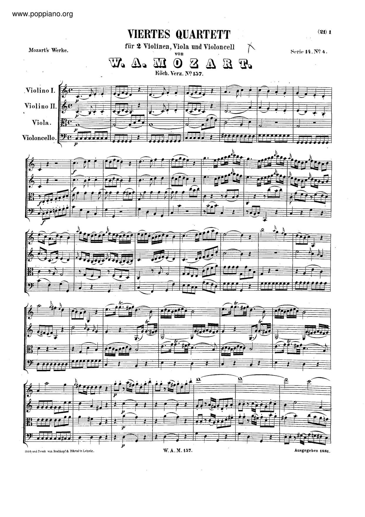 String Quartet No. 4 In C Major, K. 157ピアノ譜
