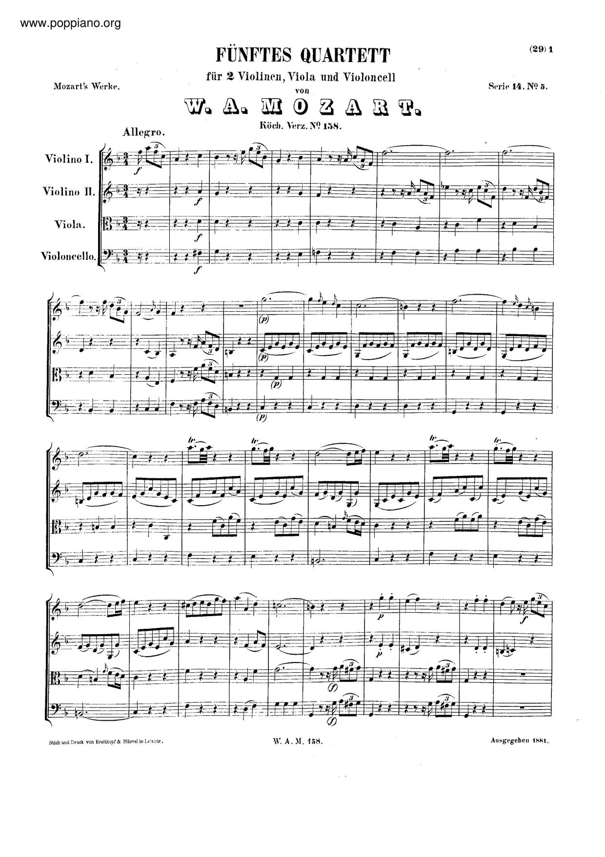 String Quartet No. 5 In F Major, K. 158ピアノ譜