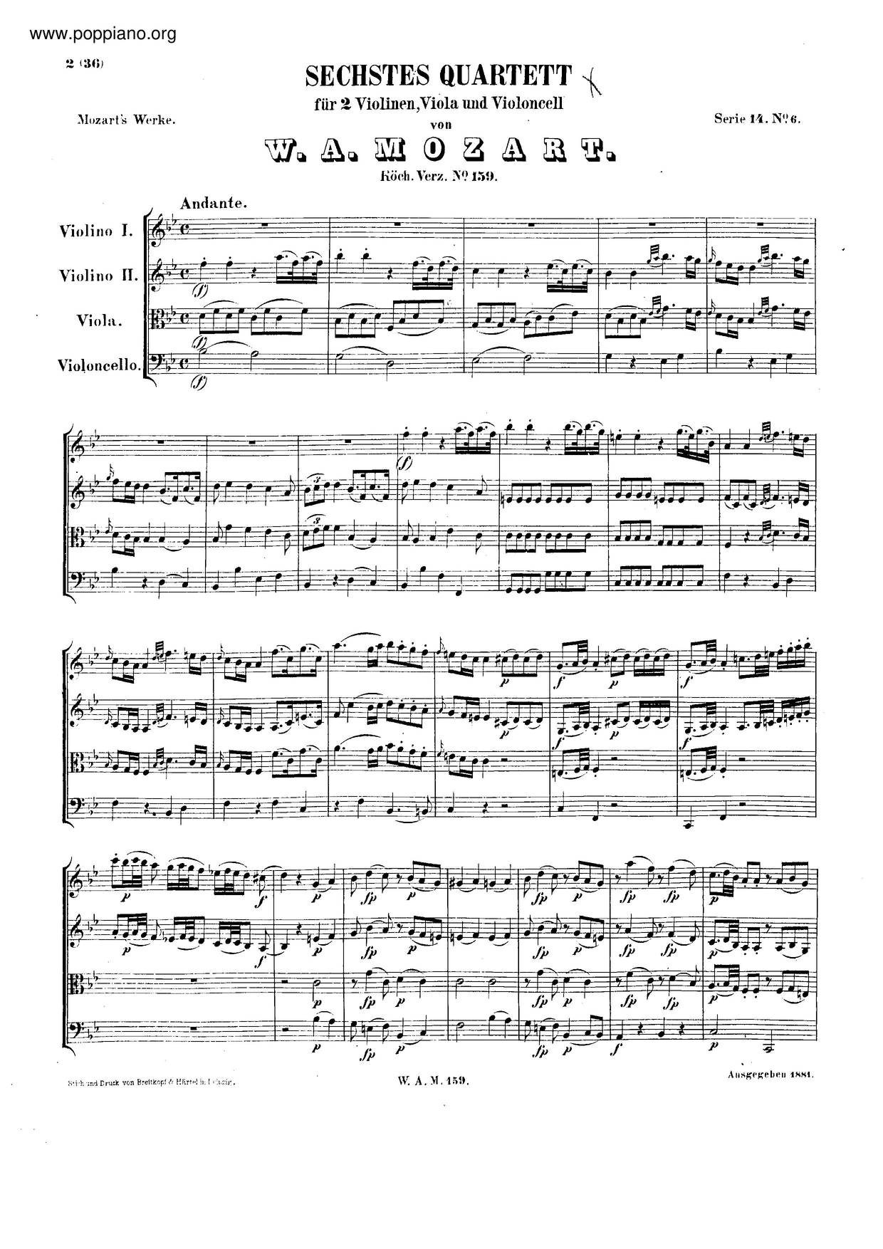 String Quartet No. 6 In B-Flat Major, K. 159琴譜