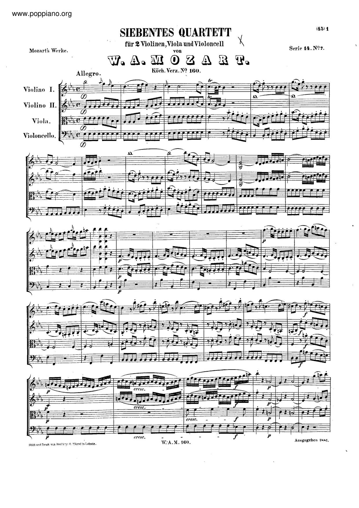 String Quartet No. 7 In E-Flat Major, K. 160/159Aピアノ譜