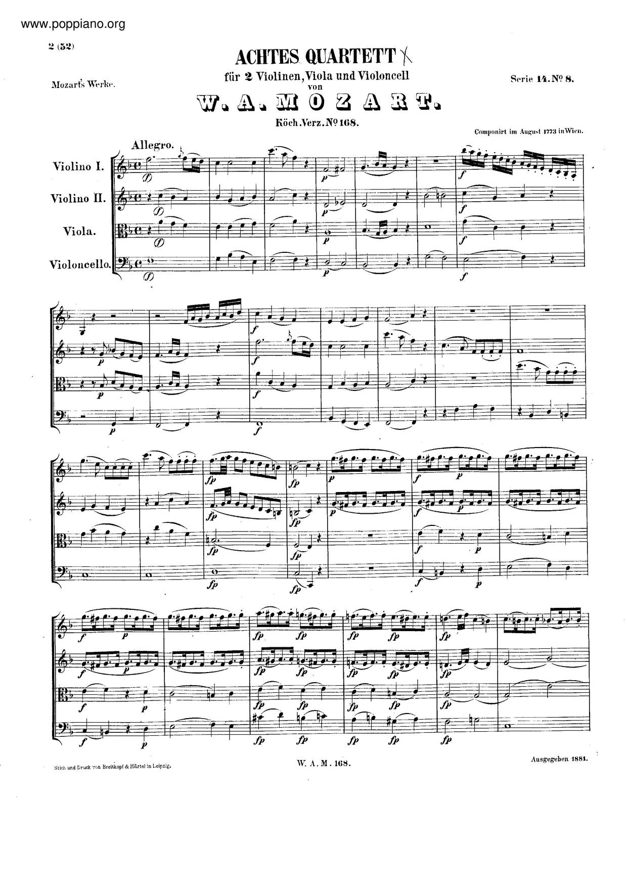 String Quartet No. 8 In F Major, K. 168ピアノ譜