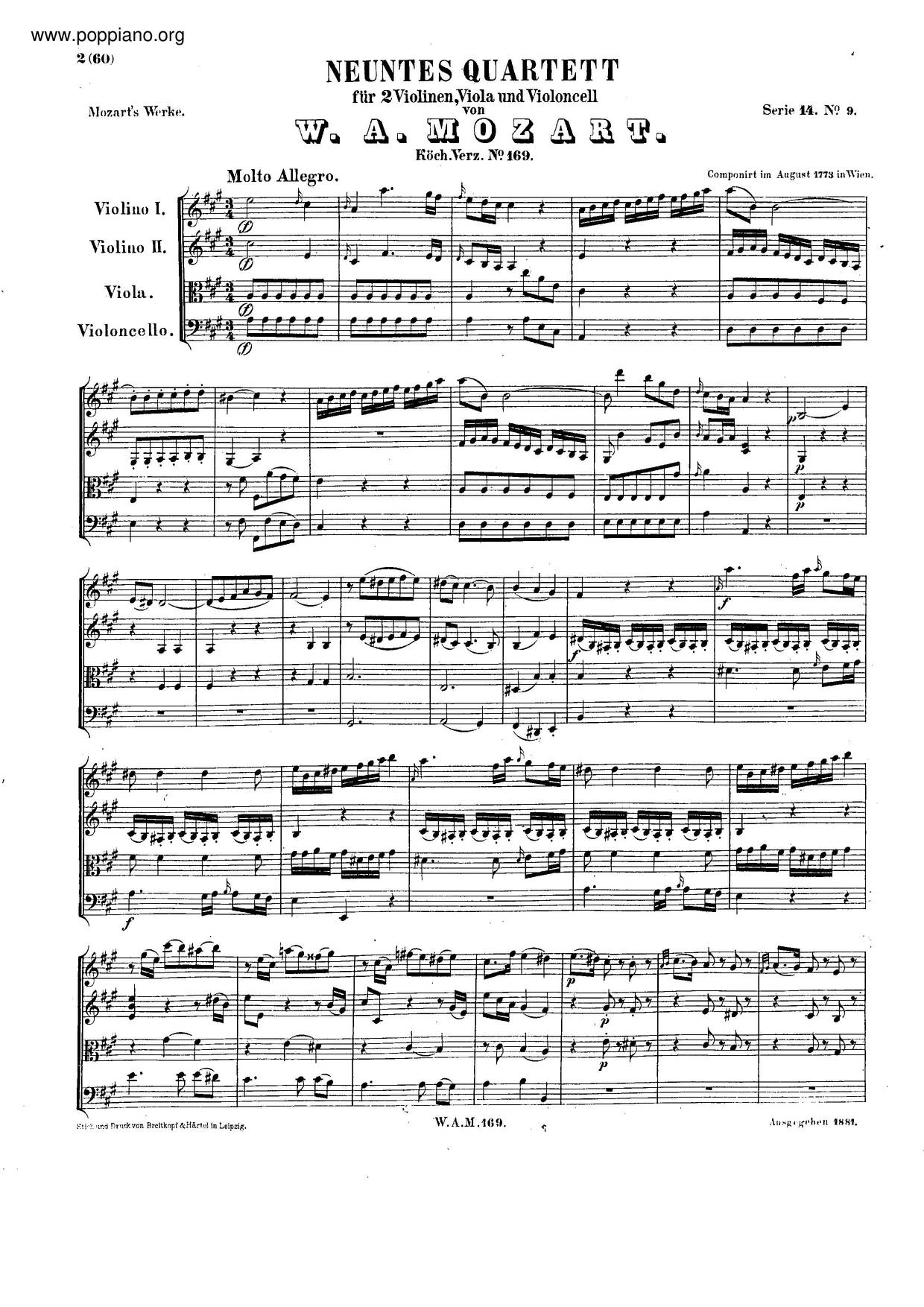 String Quartet No. 9 In A Major, K. 169 Score