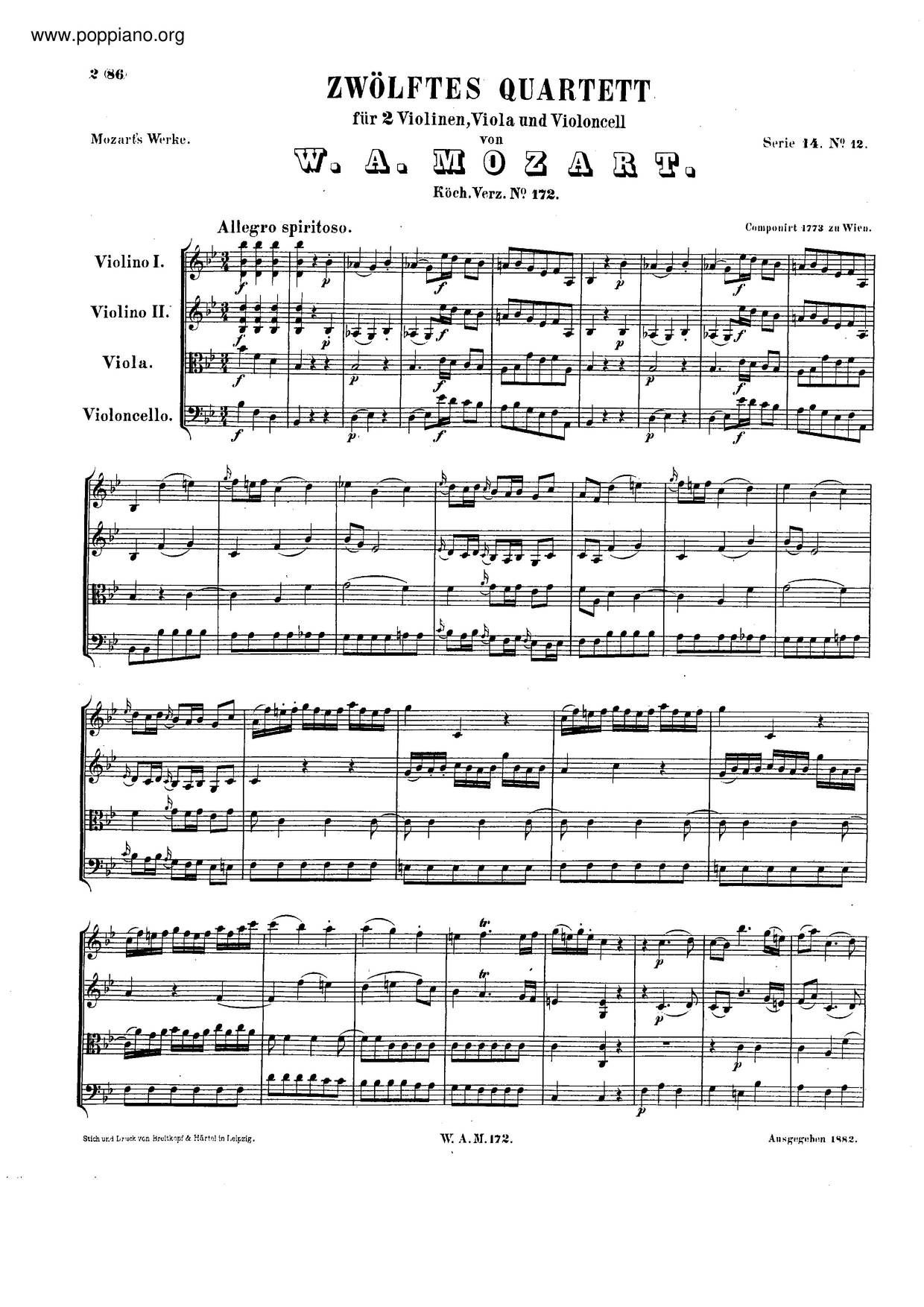 String Quartet No. 12 In B-Flat Major, K. 172琴譜