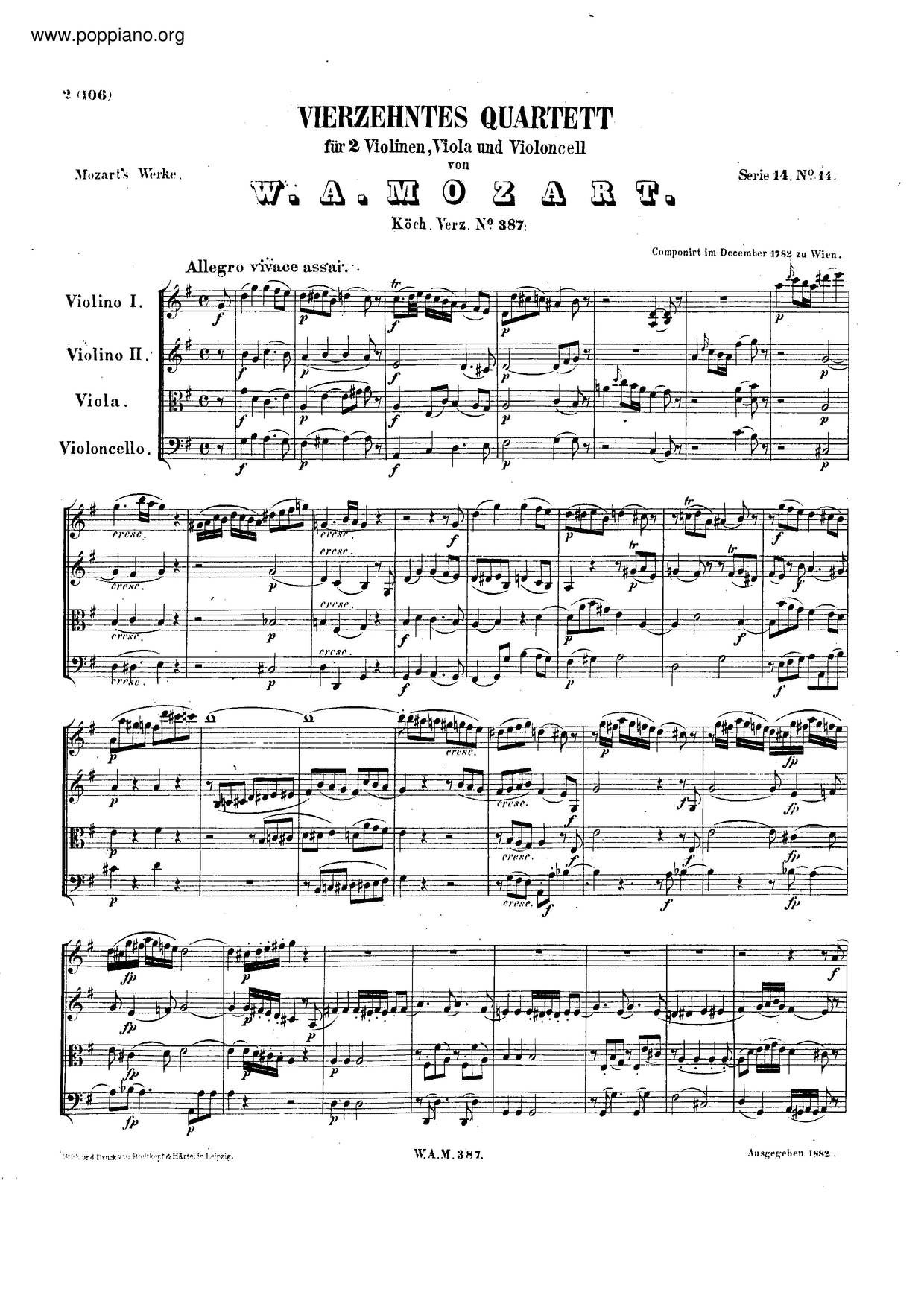 String Quartet No. 14 In G Major 'Spring', K. 387琴谱