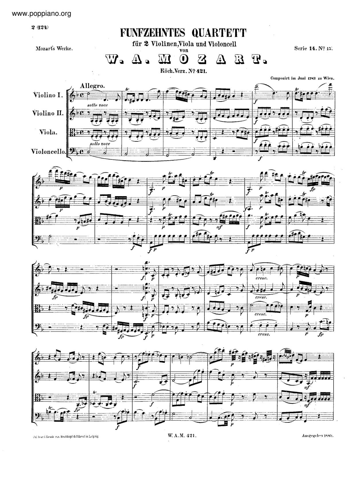 String Quartet No. 15 In D Minor, K. 421ピアノ譜