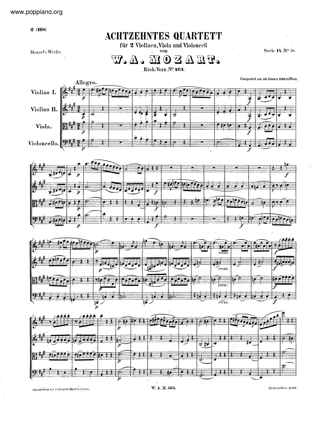 String Quartet No. 18 In A Major, K. 464ピアノ譜