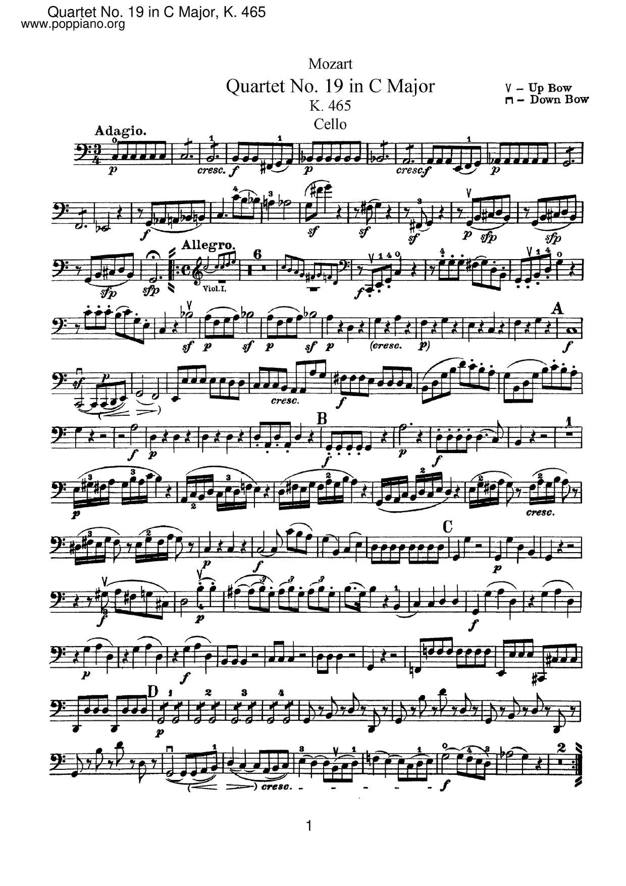 String Quartet No. 19 In C Major 'Dissonant', K. 465琴譜