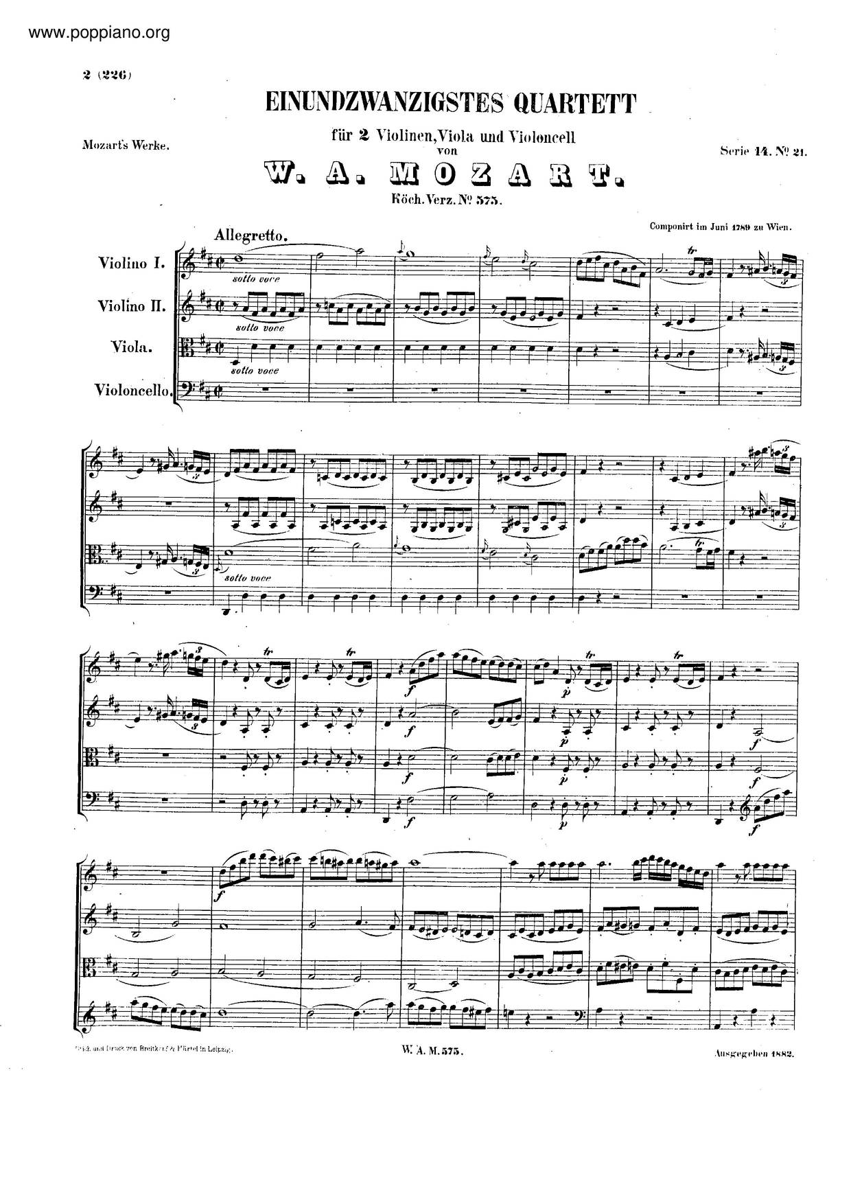 String Quartet No. 21 In D Major 'The Violet', K. 575ピアノ譜